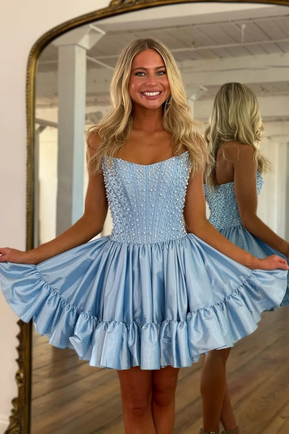 Baby Blue Strapless Sweetheart Pearl A-Line Homecoming Dress 