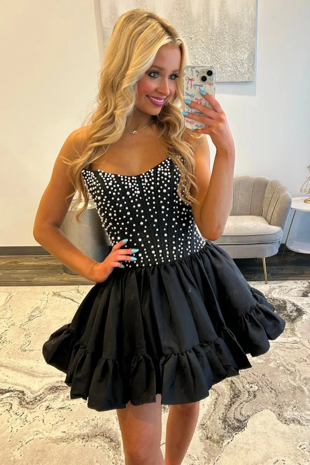 Baby Blue Strapless Sweetheart Pearl A-Line Homecoming Dress 