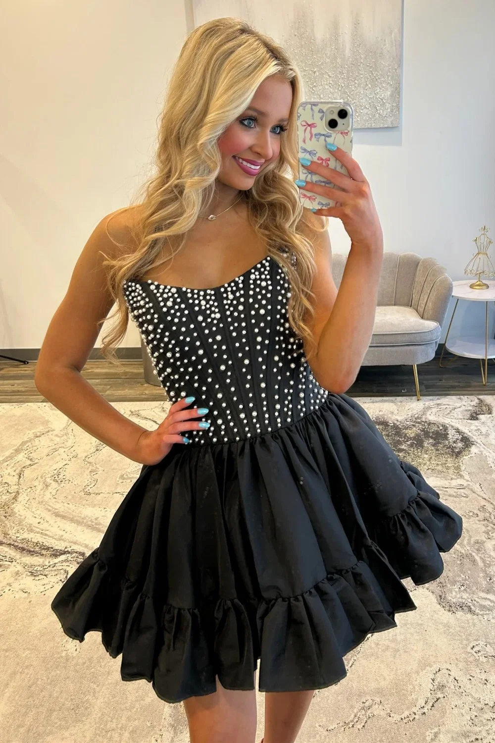 Baby Blue Strapless Sweetheart Pearl A-Line Homecoming Dress 