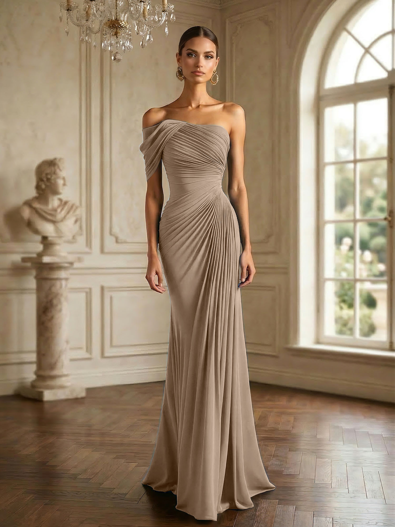 One Shoulder Pleat Mermaid Chiffon Evening Dresses for Women Gown