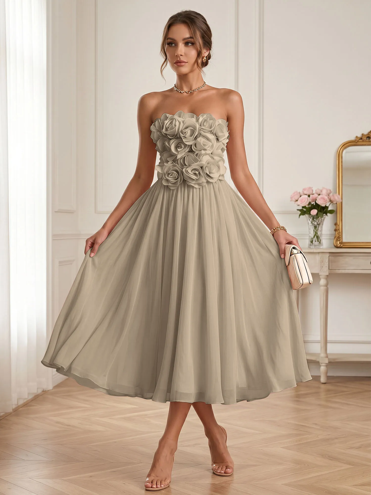 Strapless 3D Floral Chiffon A-Line Midi Formal Dress