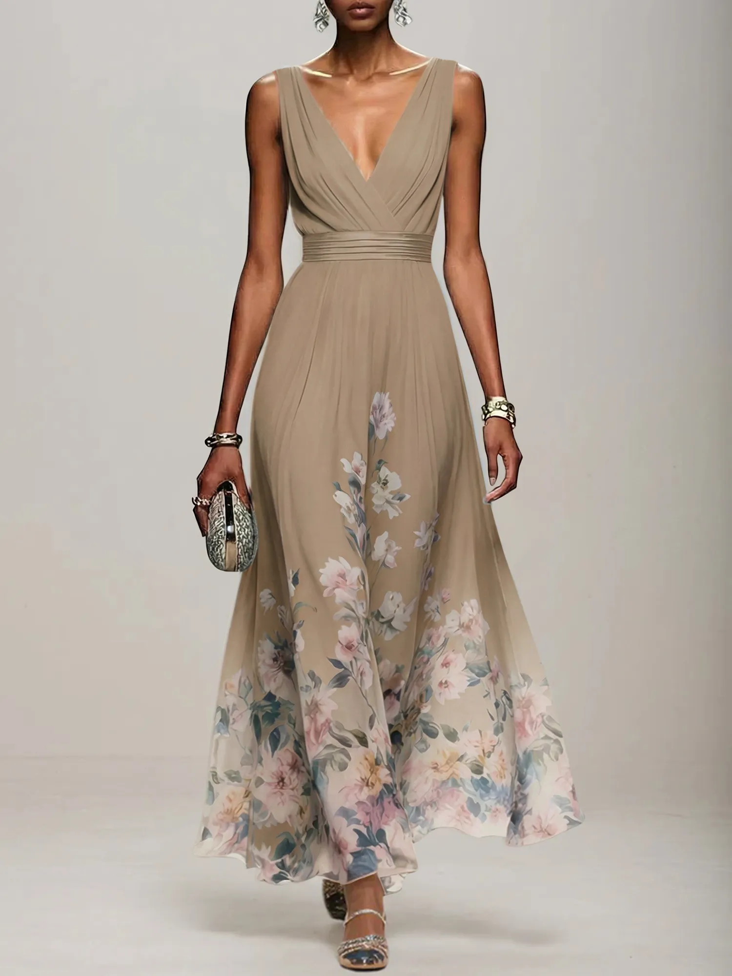 V-Neck Floral Print Chiffon Maxi Evening Dress with Satin Waist Bow