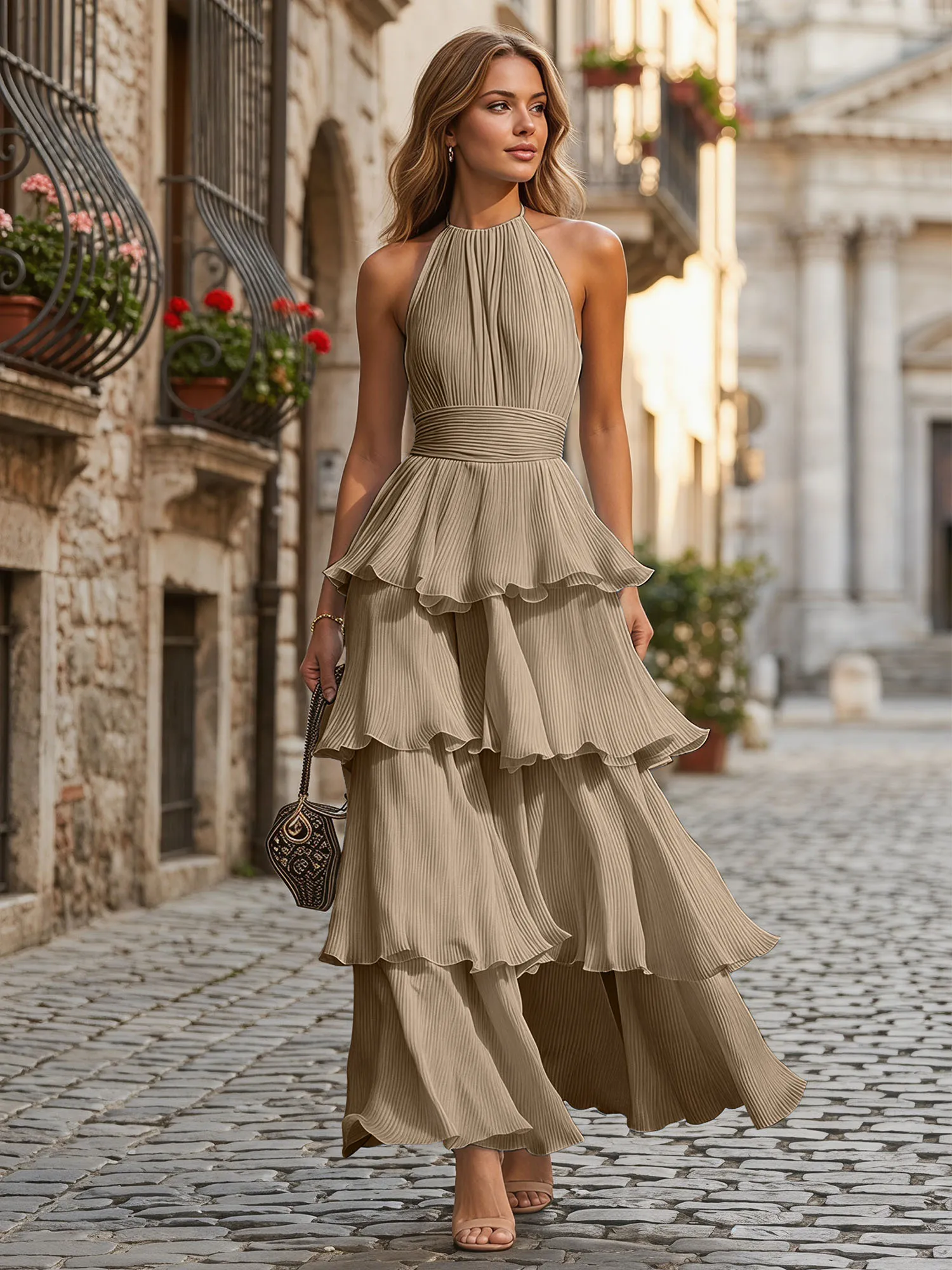 A Line Halter Neck Tiered Ruffle Chiffon Evening Dress