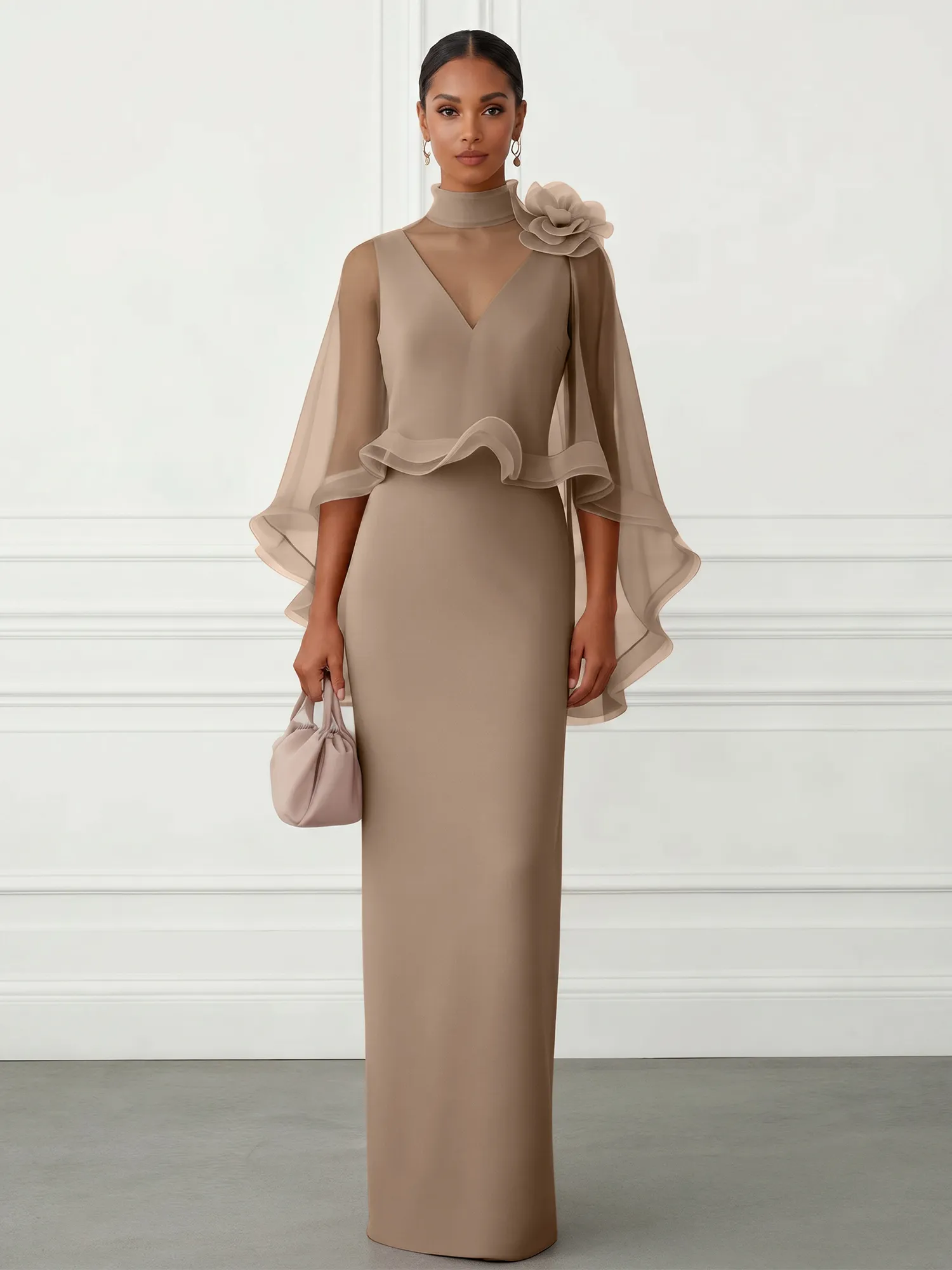 High-Neck Chiffon Cape Sleeve Sheath Evening Gown