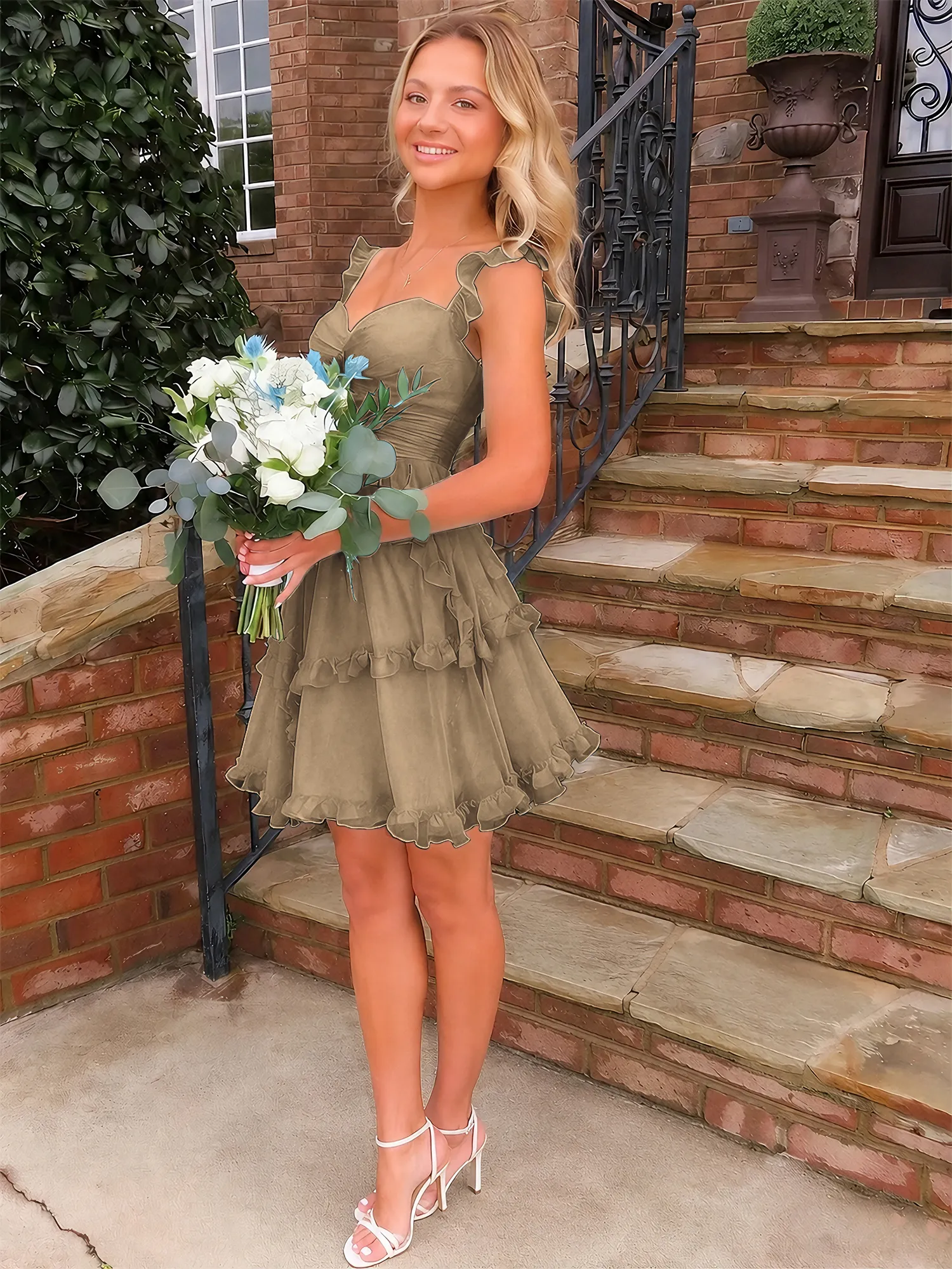 A Line Ruffled Tiered Chiffon Homecoming Dress with Lace-Up Back