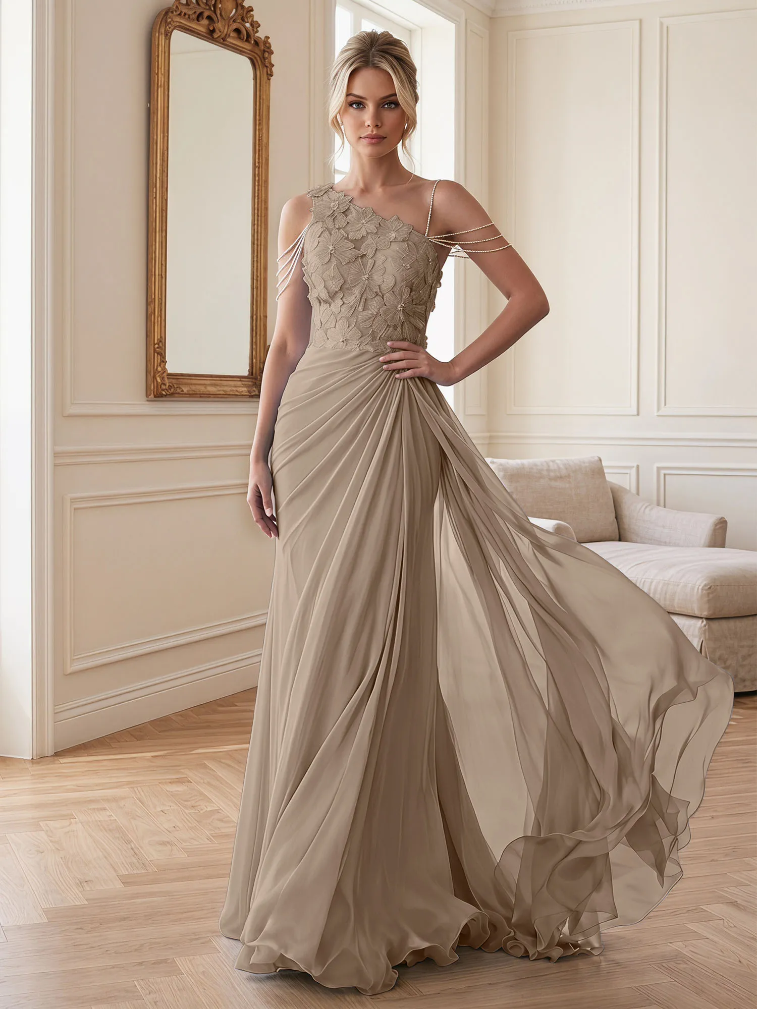 One-Shoulder Floral Lace Chiffon Evening Gown