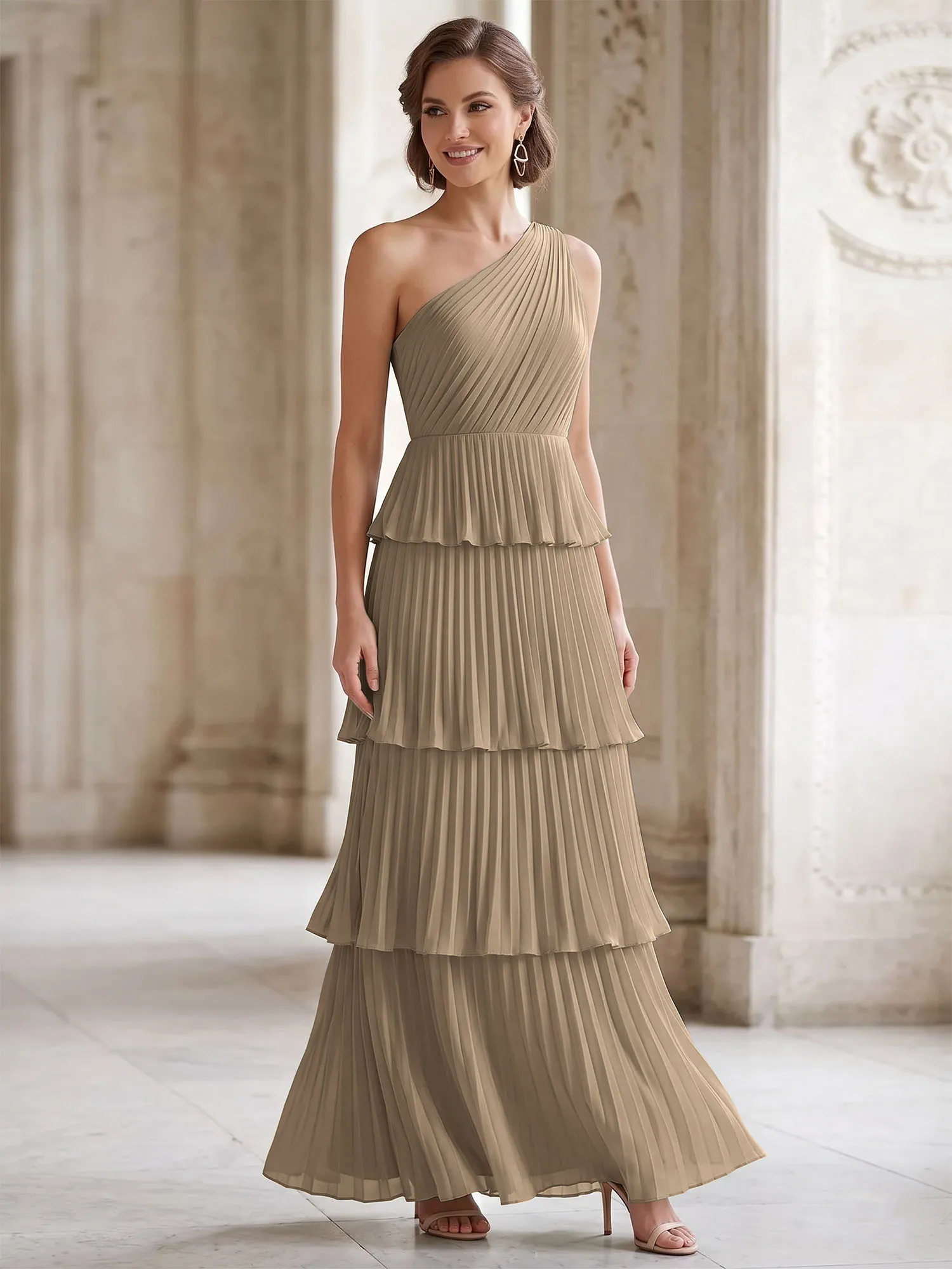 One-Shoulder Tiered Pleated Chiffon Evening Gown