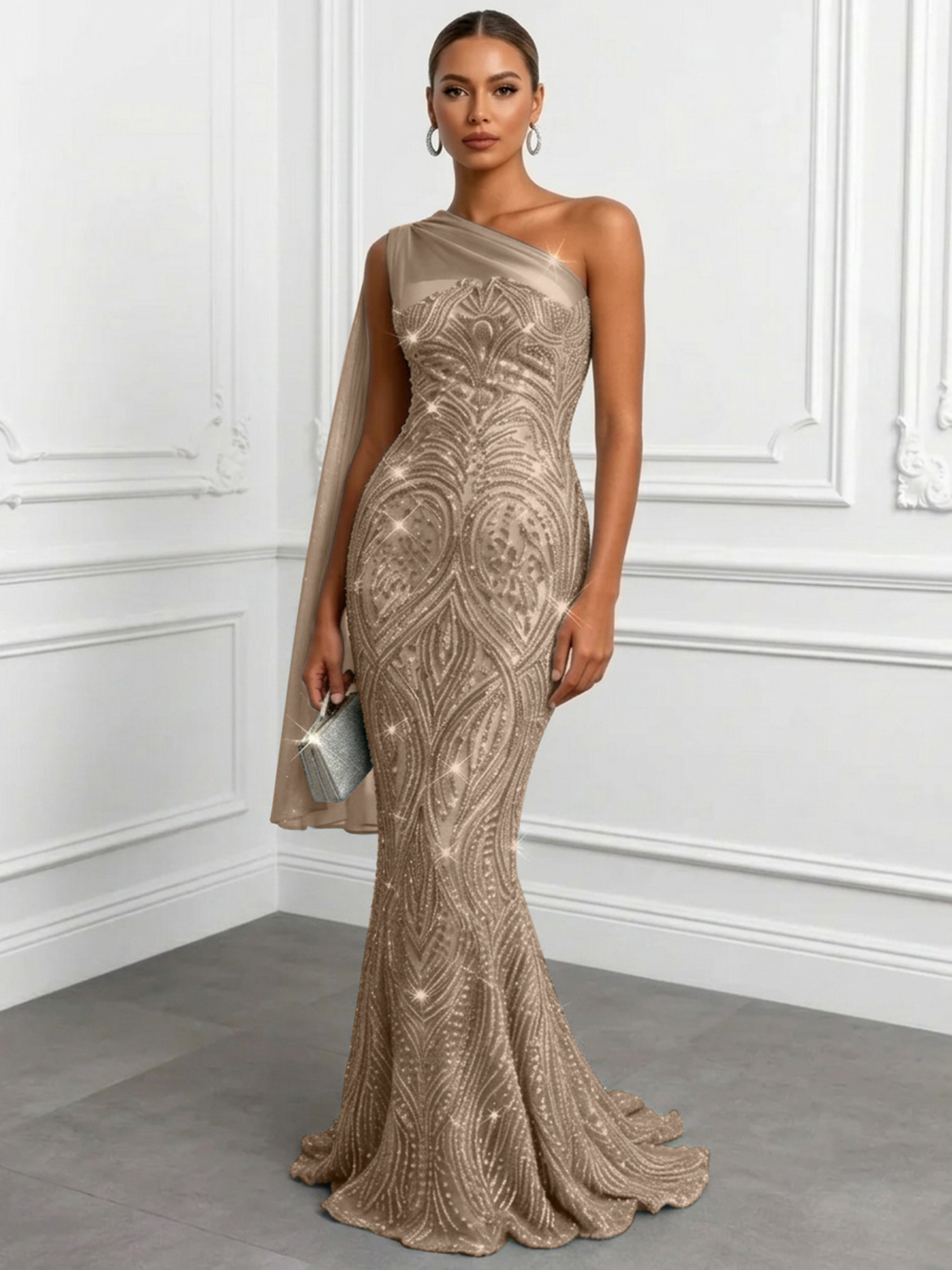 Shimmering Sage One-Shoulder Sequin Mermaid Evening Dress