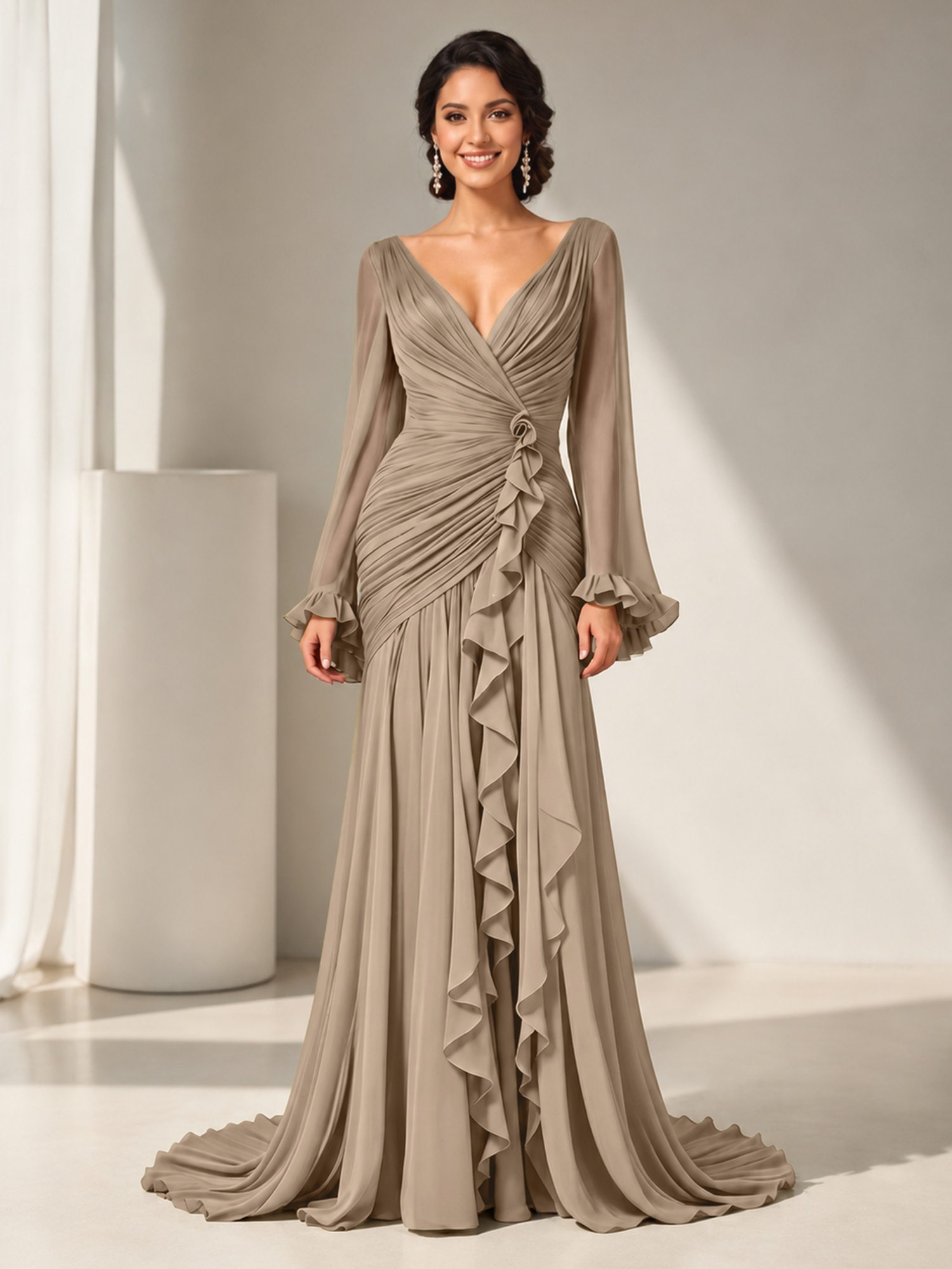 Grecian Olive Green Ruched Long-Sleeve Cascading Ruffle Formal Evening Dress