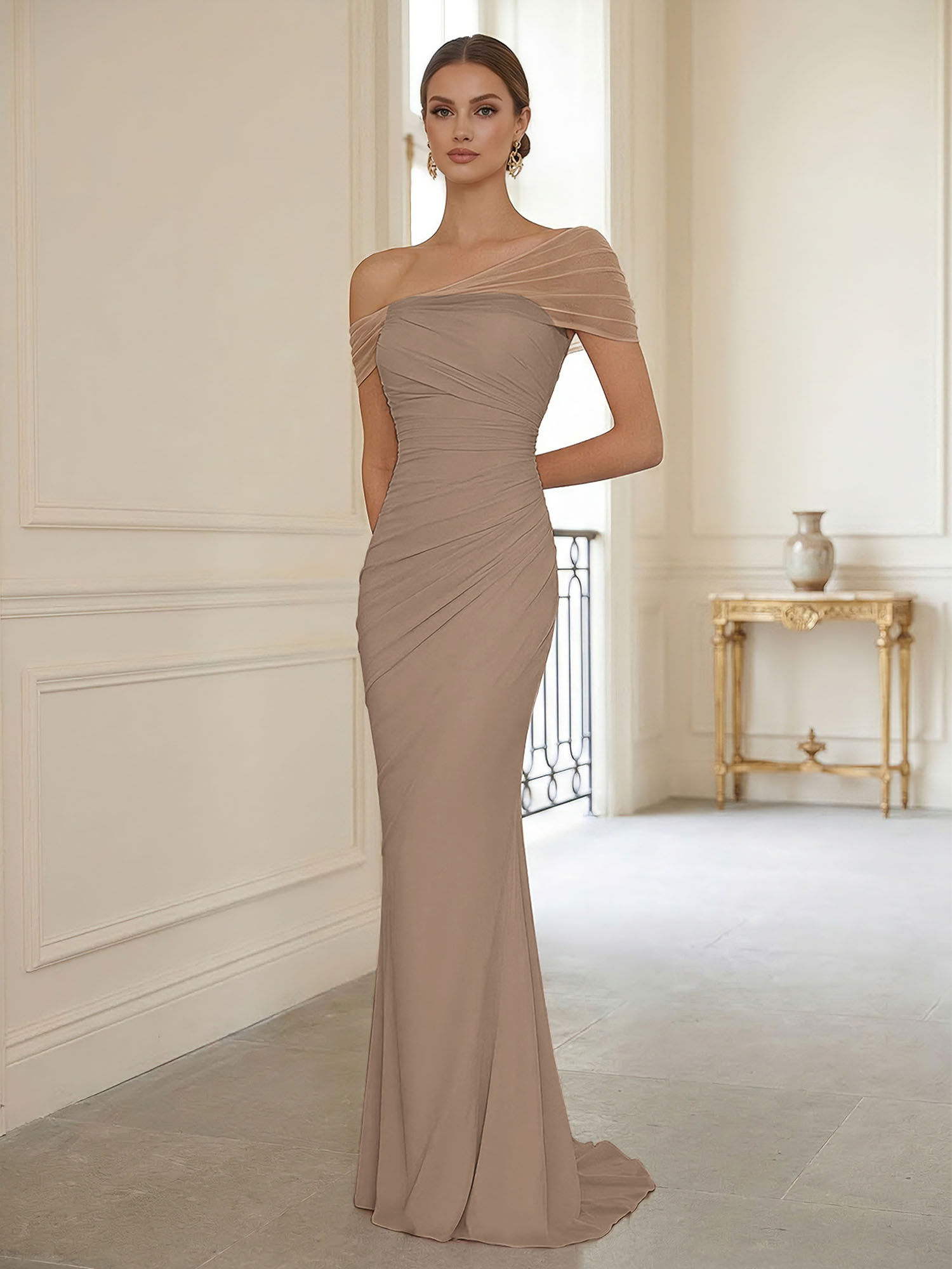 Sophisticated Blush Pink Asymmetrical Ruched Maxi Dress Evening Gown