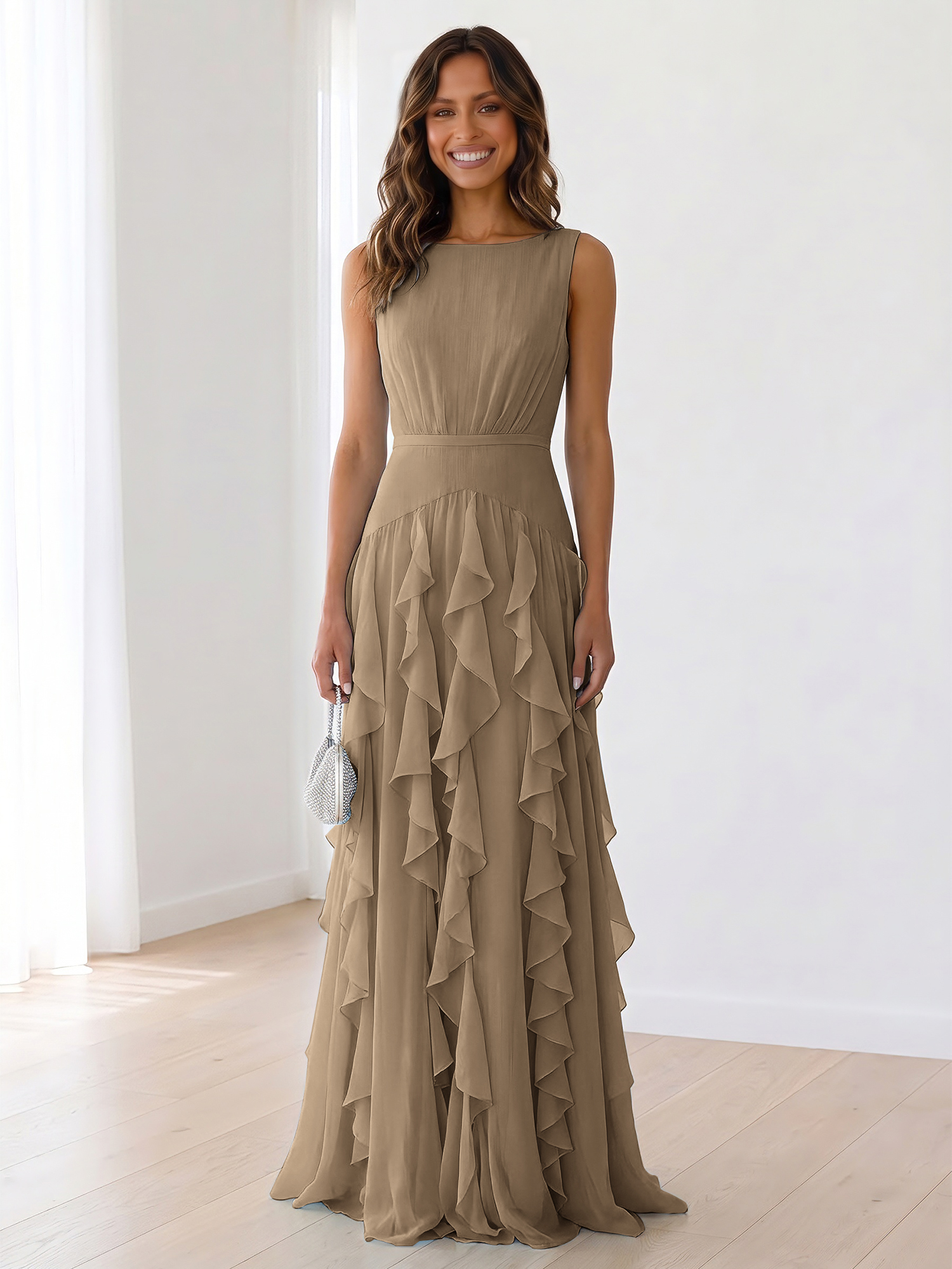 Ethereal Powder Blue Cascading Ruffle Maxi Formal Evening Dress
