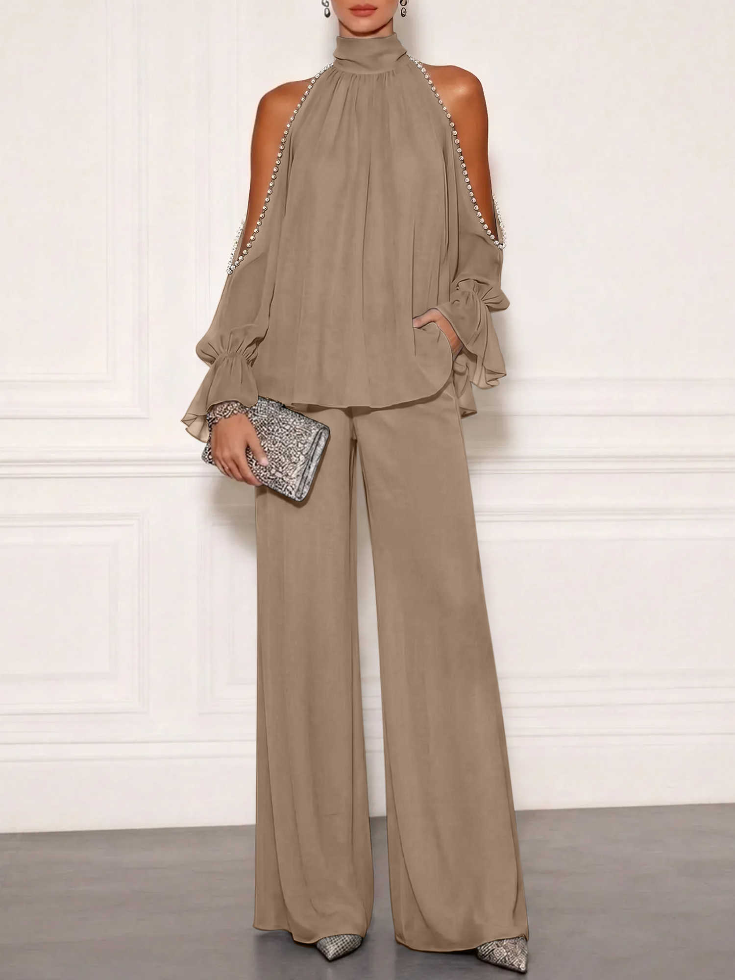 Sophisticated Embellished Cold Shoulder Formal Evening Jumpsuit