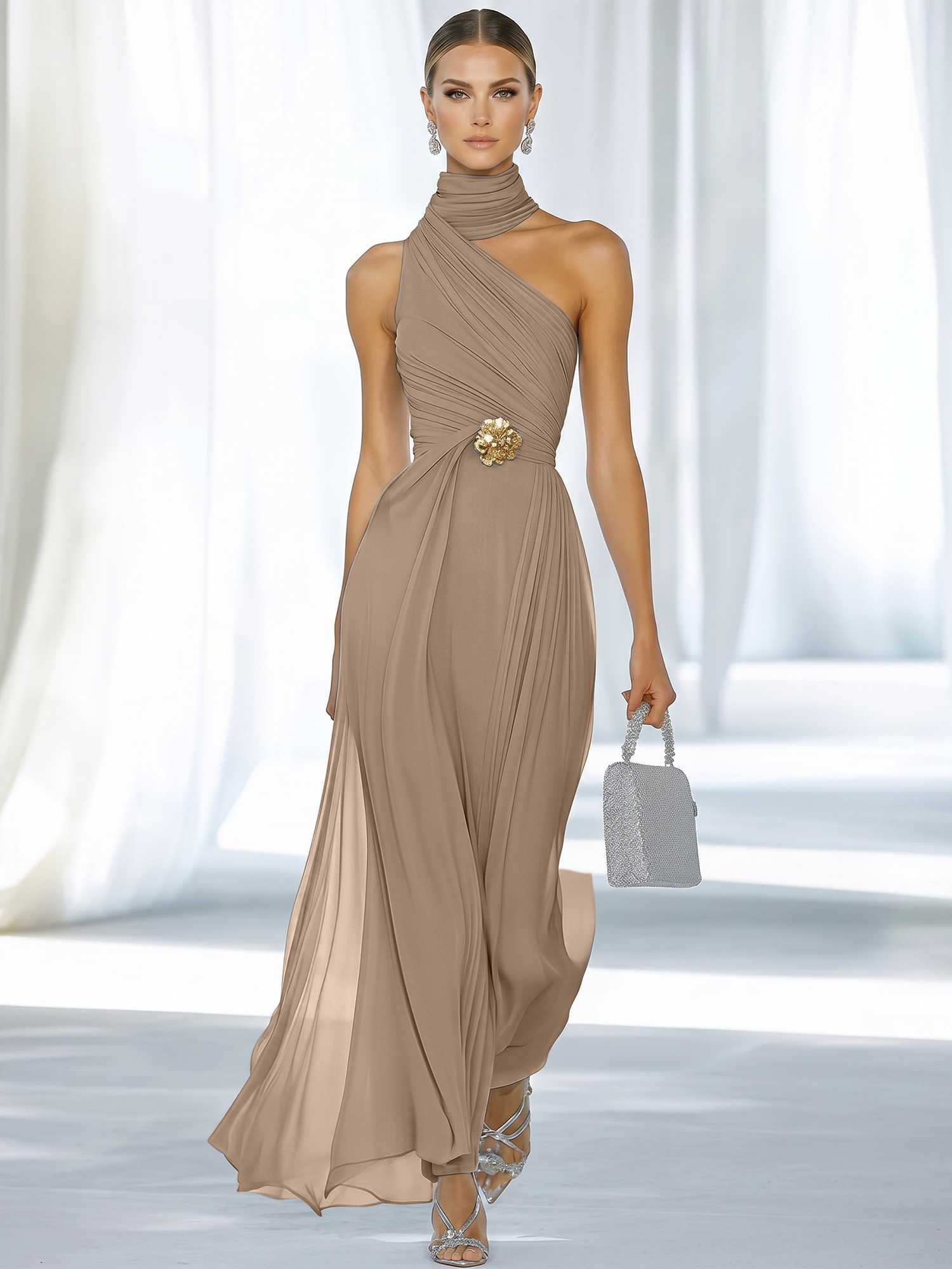 Sky Blue Pleated Chiffon Halter Strapless Formal Evening Dress
