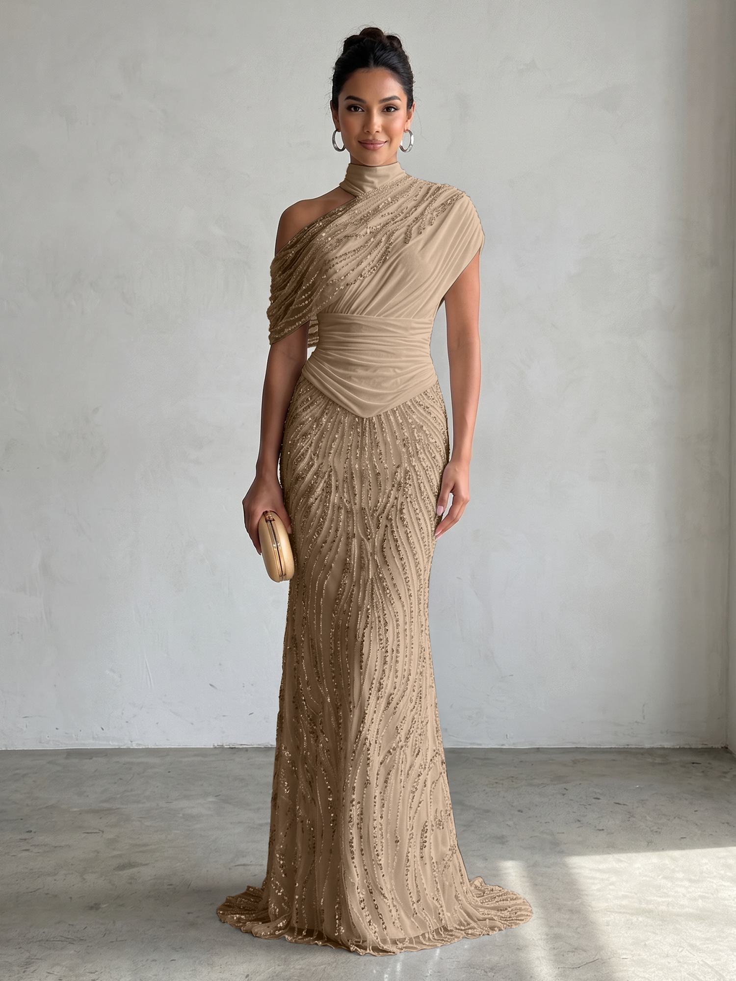 Ethereal White Beaded High-Neck Draped Sheath Formal Evening Dress