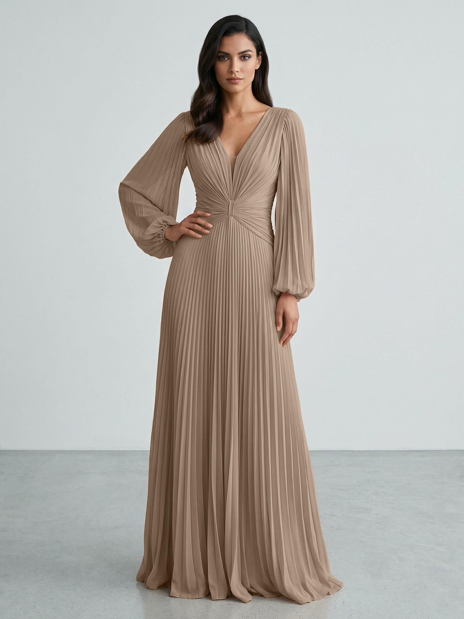 Slate Blue Plunging V-Neck Pleated Long Sleeve Maxi Dress Gown