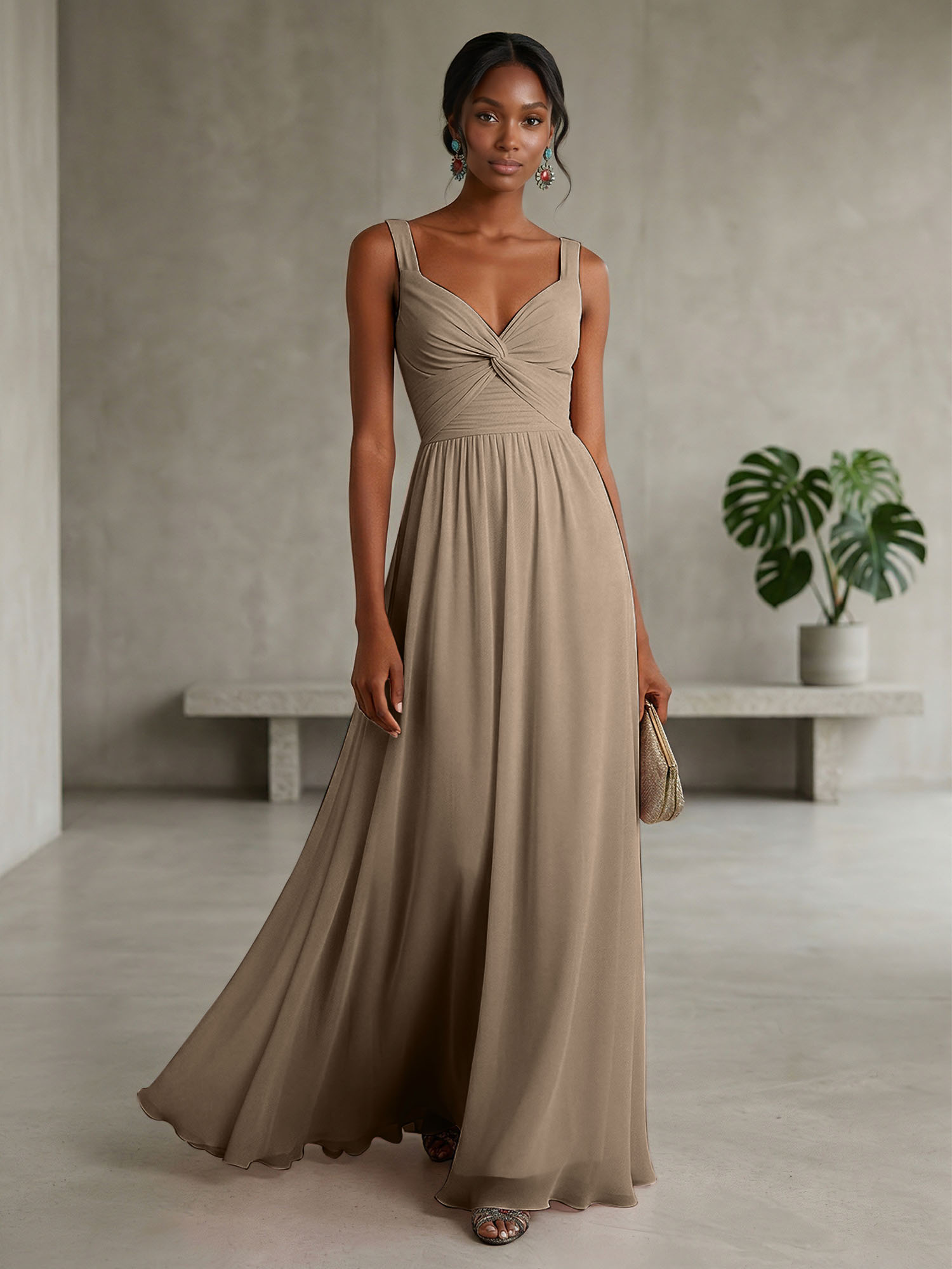 Elegant Soft Blush Twist-Front Chiffon Maxi Gown
