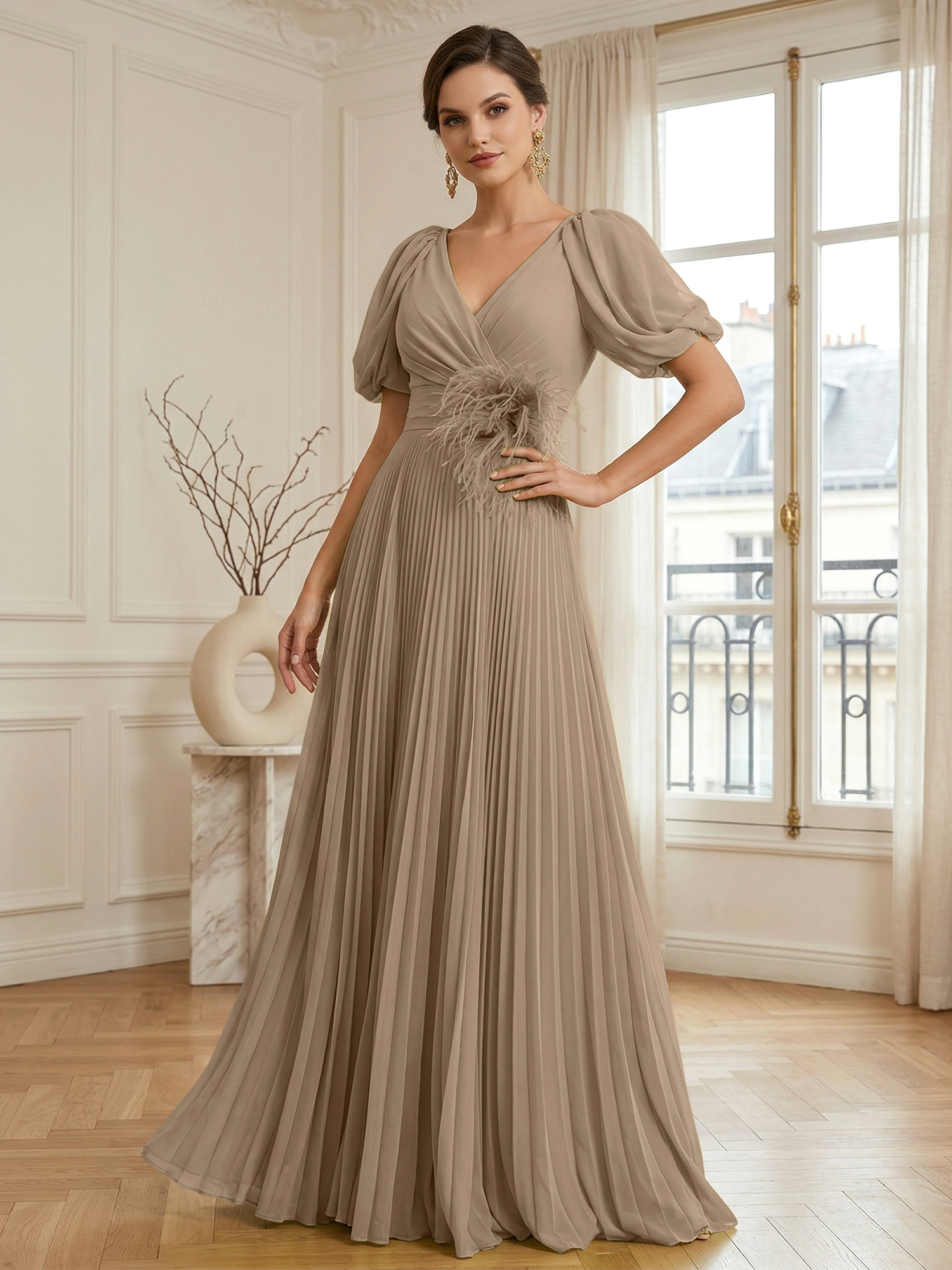 A-Line Chiffon Evening Gown with Feather V-Neck Short Sleeves Formal Dress