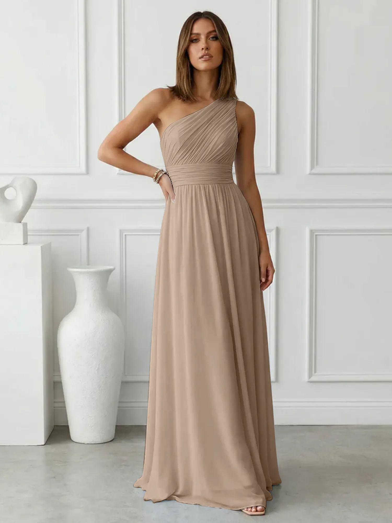 One-Shoulder Pleated Chiffon A-Line Evening Dress