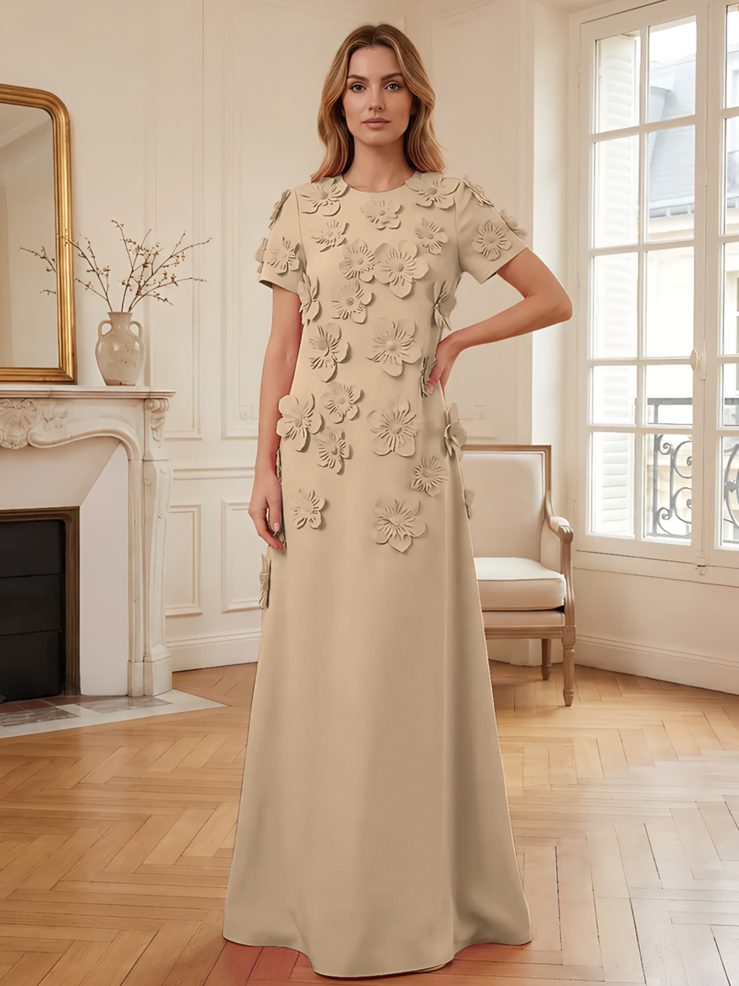 3D Floral Applique Short-Sleeve Column Evening Gown
