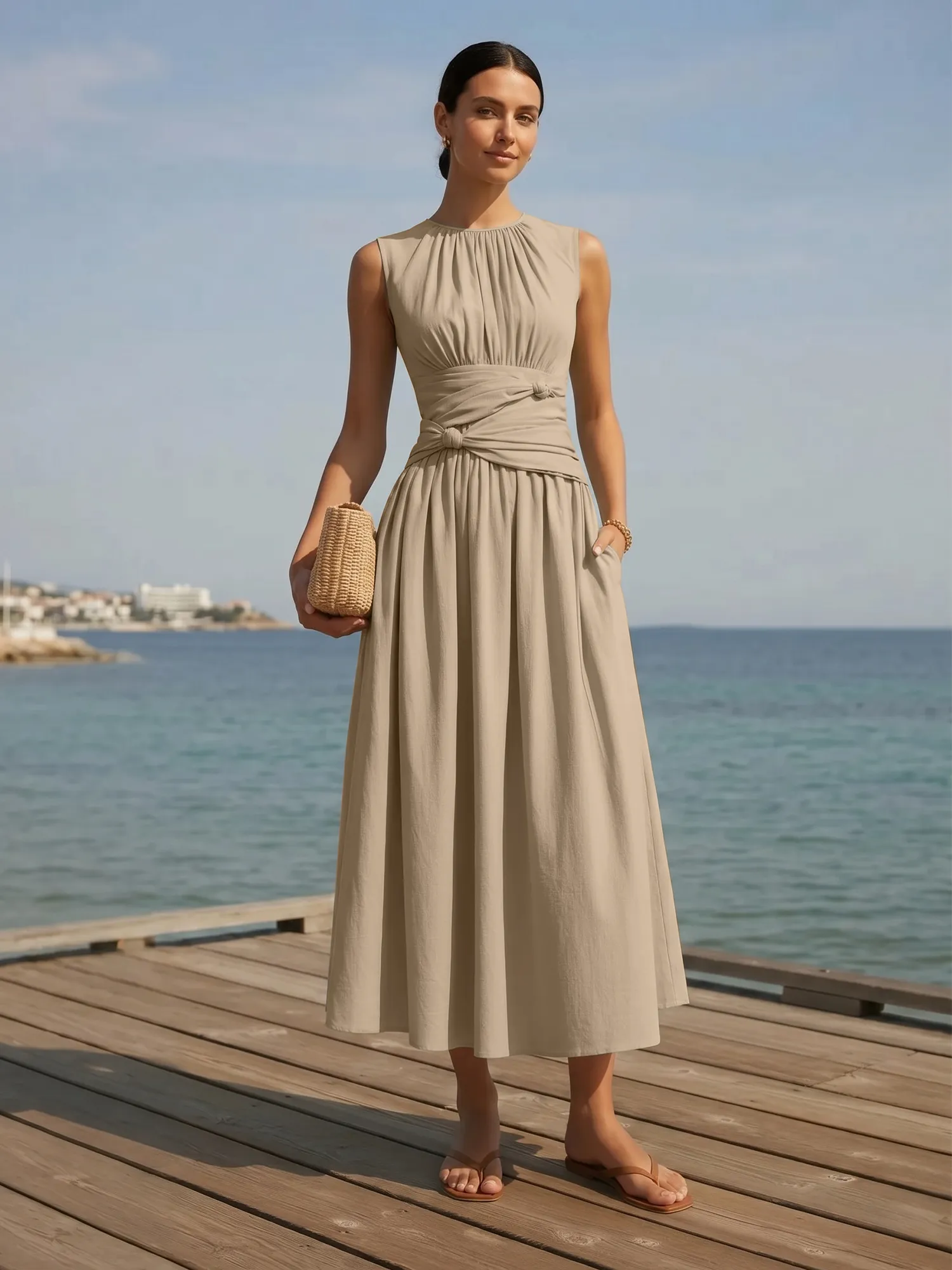 Sleeveless Round Neck Waist-Knot Midi Evening Dress