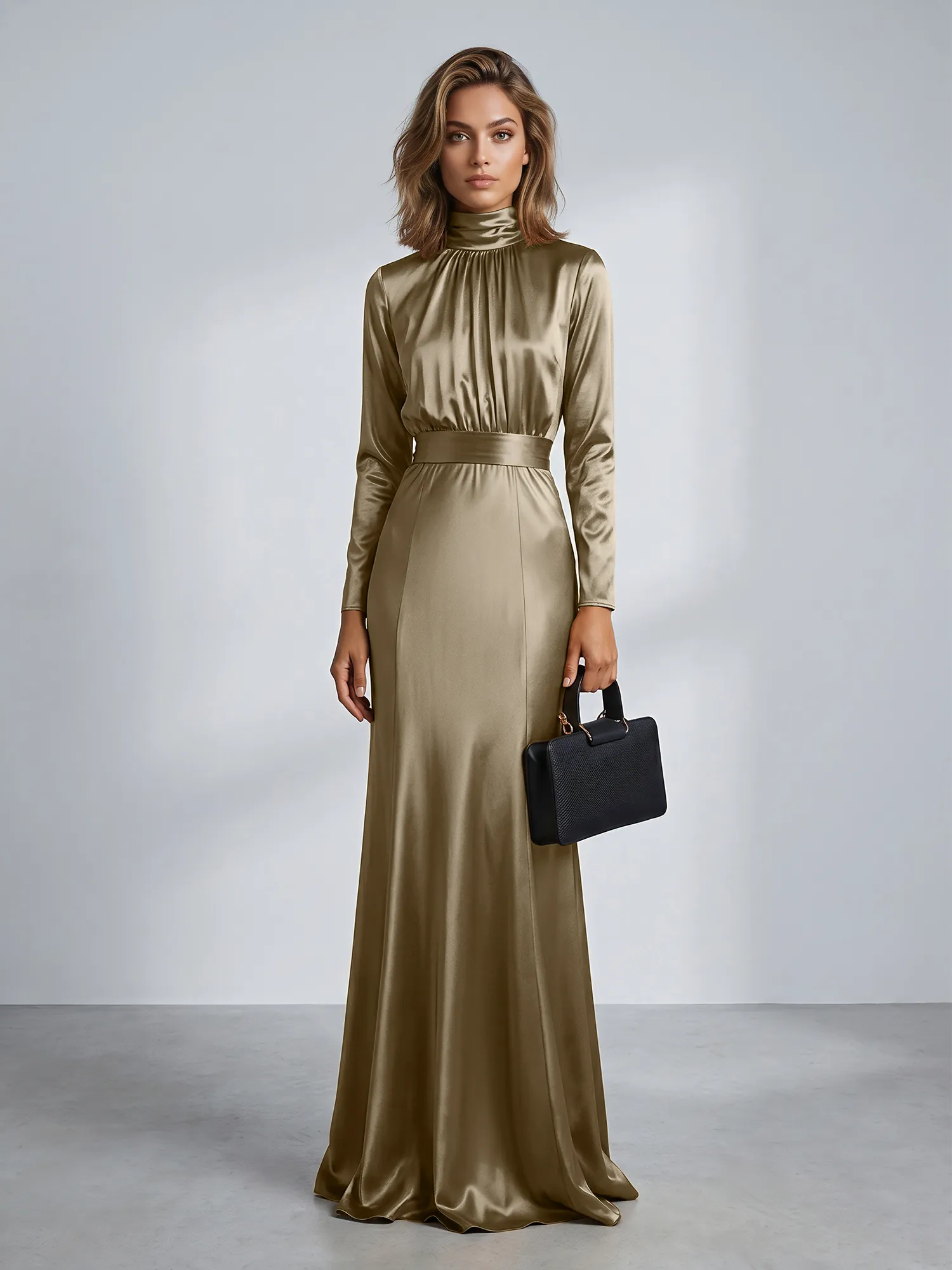 High Neck Long Sleeve Satin Mermaid Evening Gown with Waist Sash