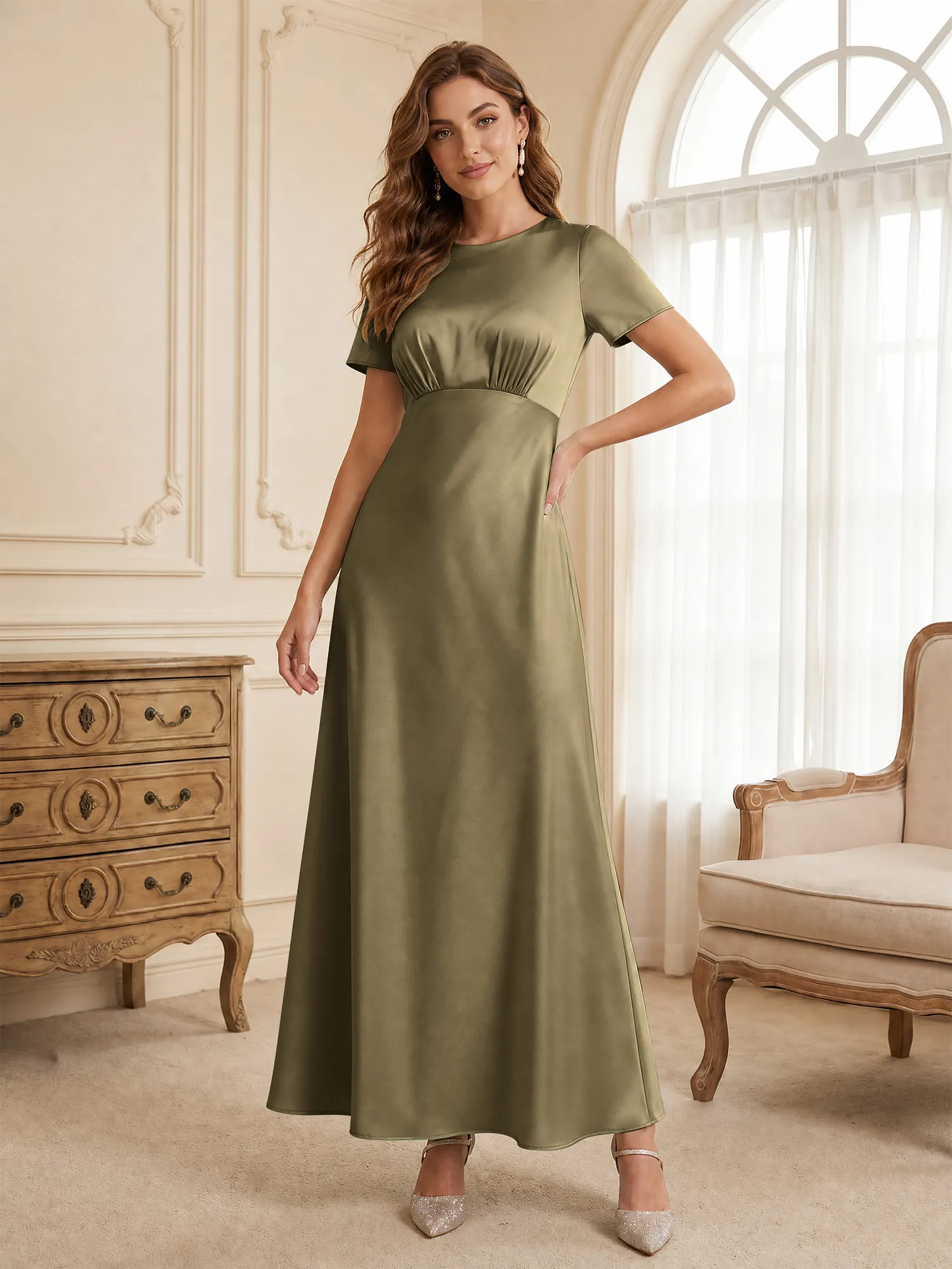 Round Neck Short Sleeve Satin Bridesmaid Dress