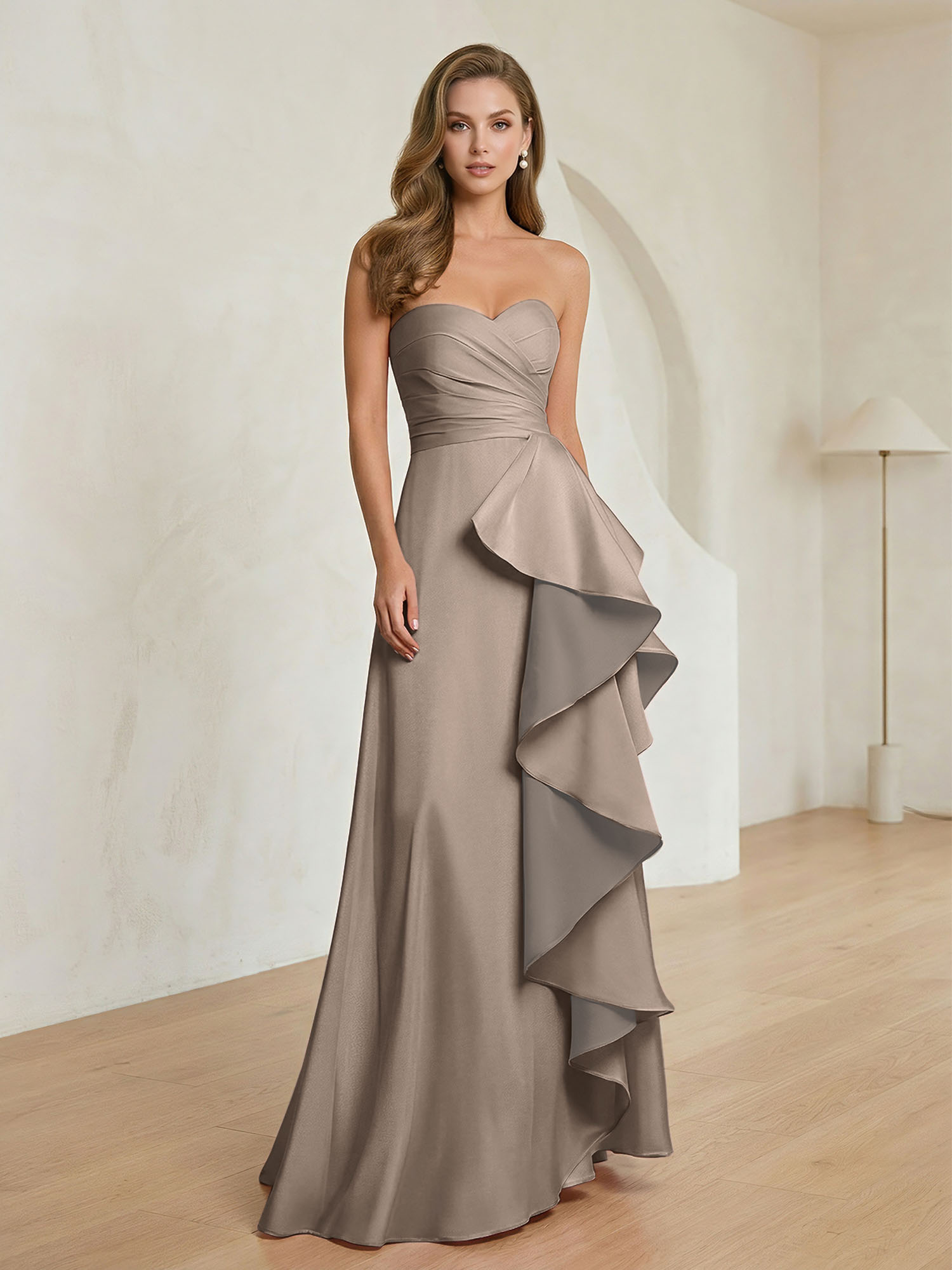 Formal Evening Dress Blush Strapless Ruffle Maxi Dress Gown