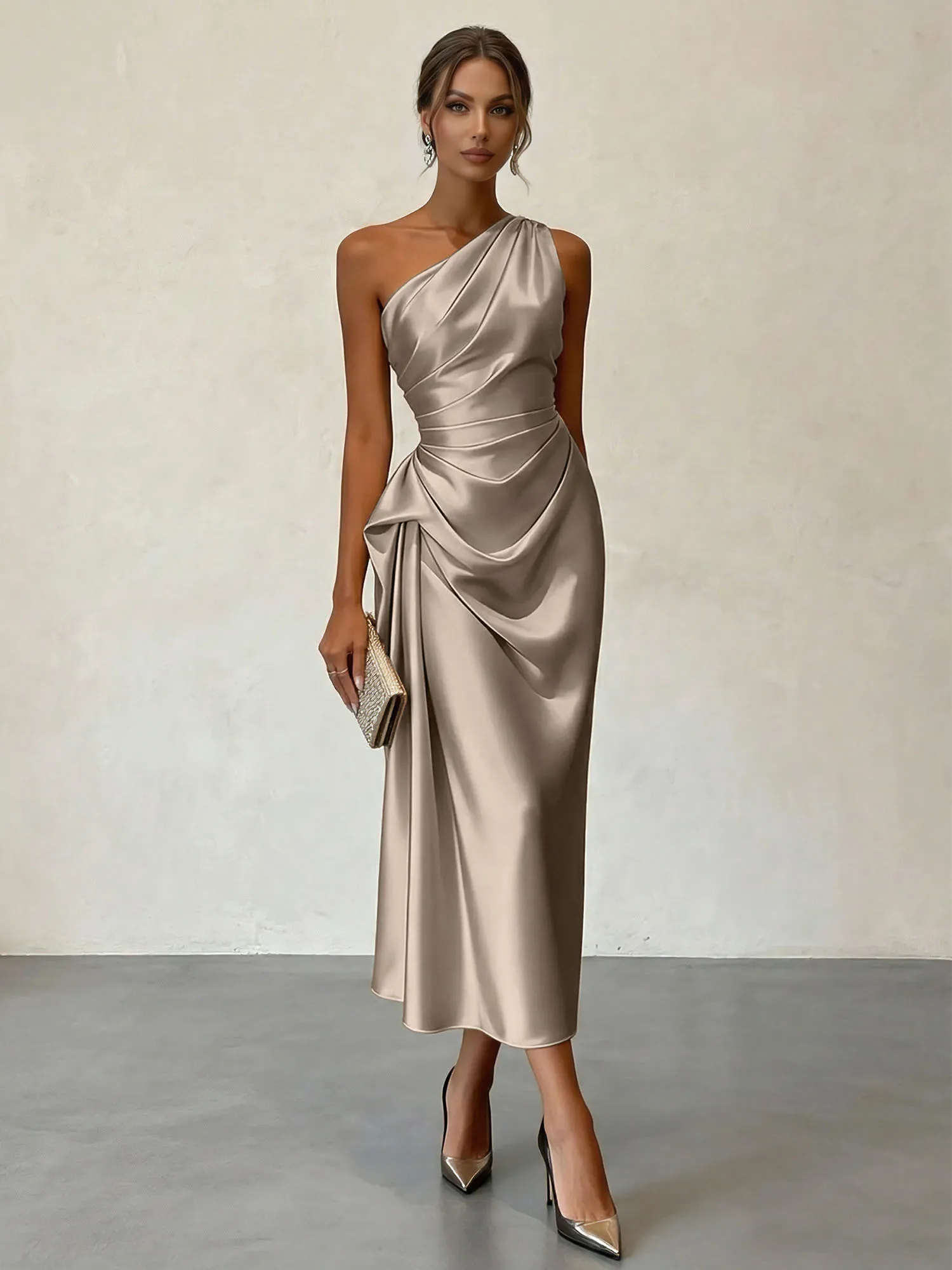 One-Shoulder Ruched Satin Midi Evening Dress with Draped Detail