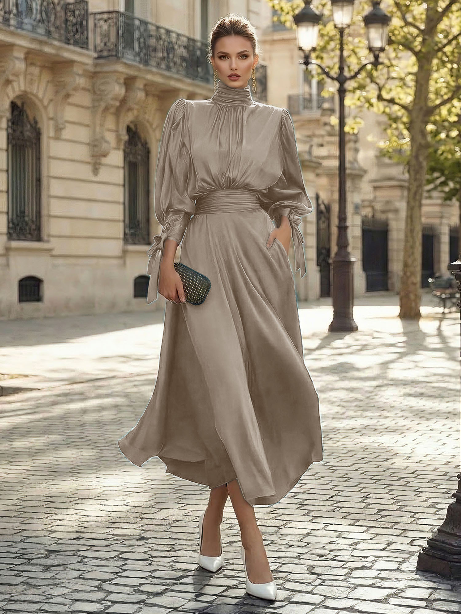 Sophisticated Camel V-Neck Balloon Sleeve Midi Dress Evening Gown