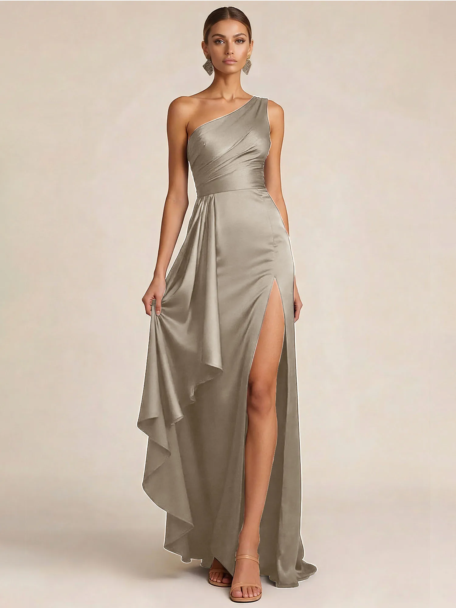 Sleek Foraml Evening Gown Midnight Navy One-Shoulder Satin Slit Maxi Dress