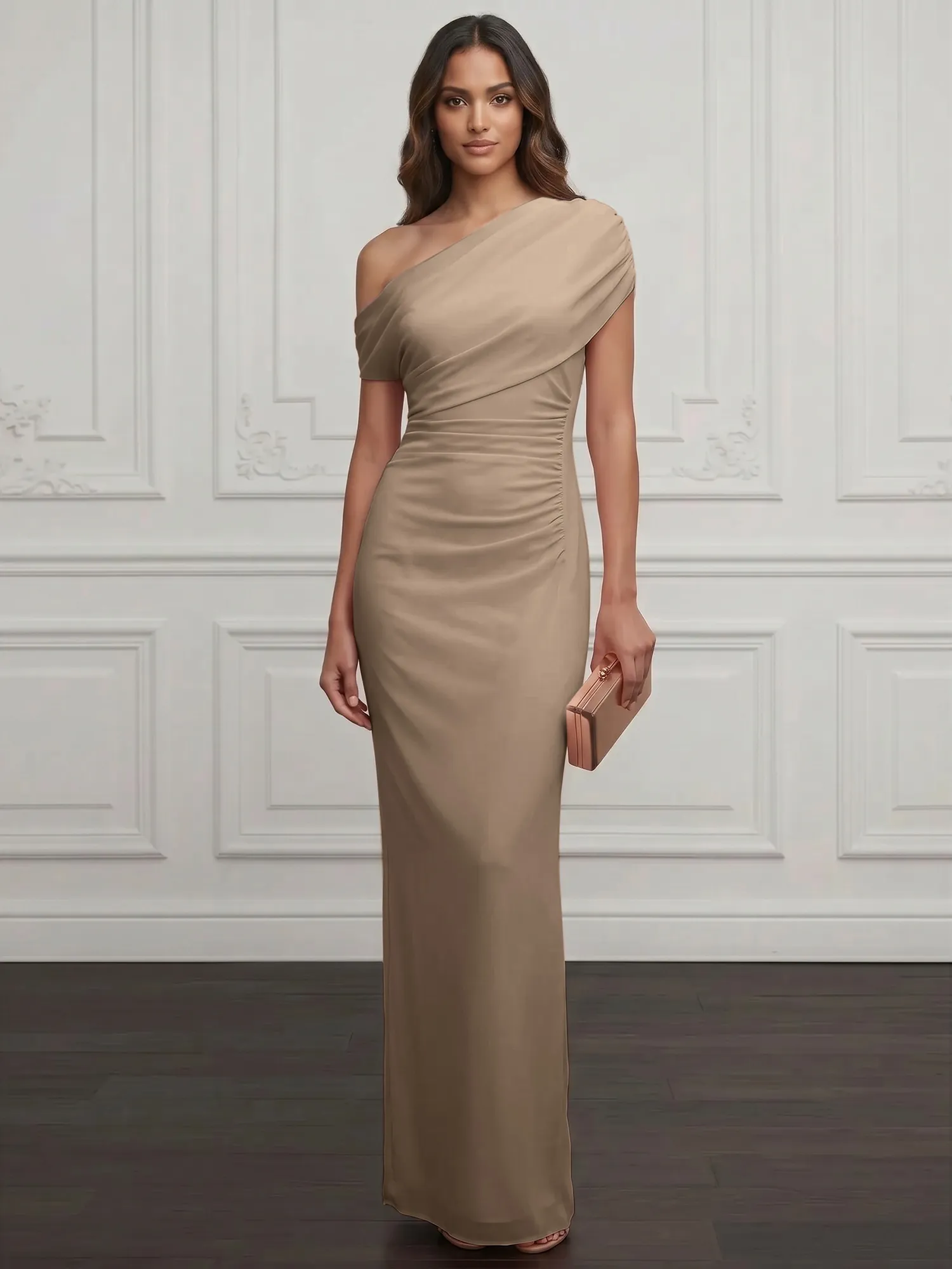One-Shoulder Draped Chiffon Evening Gown