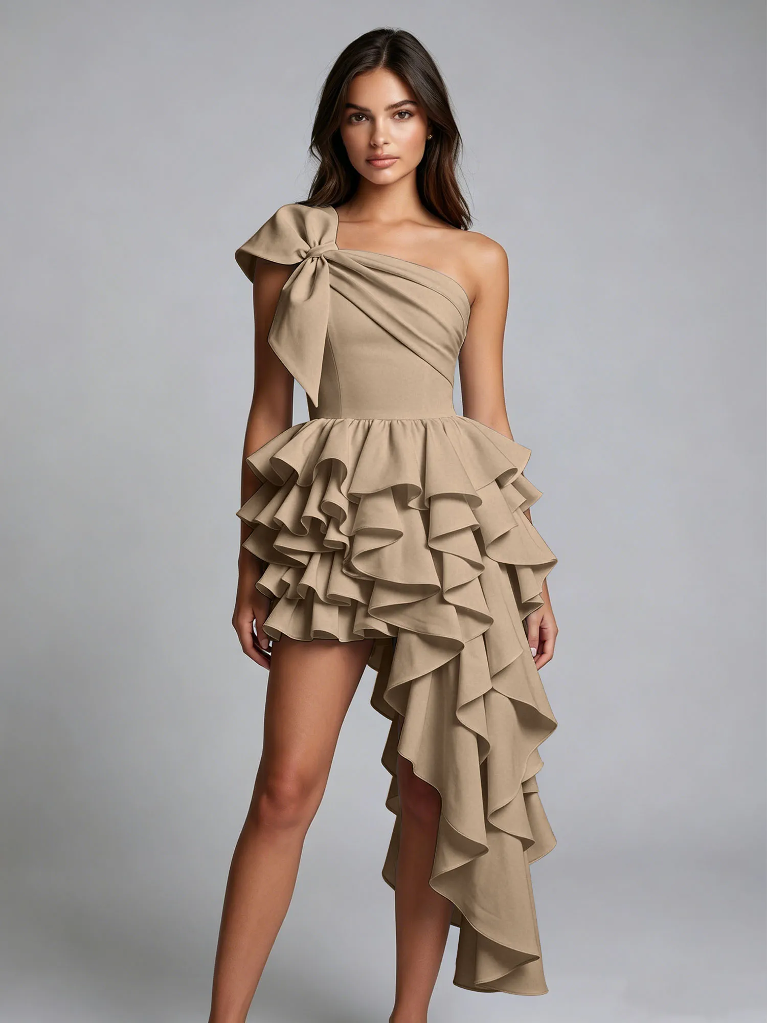 One-Shoulder Bow Tiered Ruffle Asymmetrical Homecoming Dress