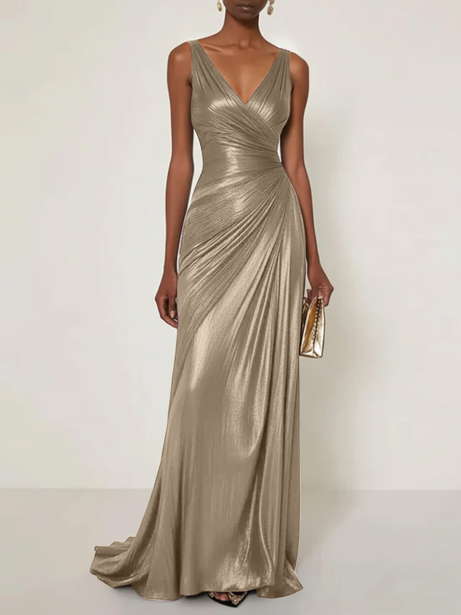 Evening Formal Dress V Neck Silk Ruffles Maxi Dress Gown