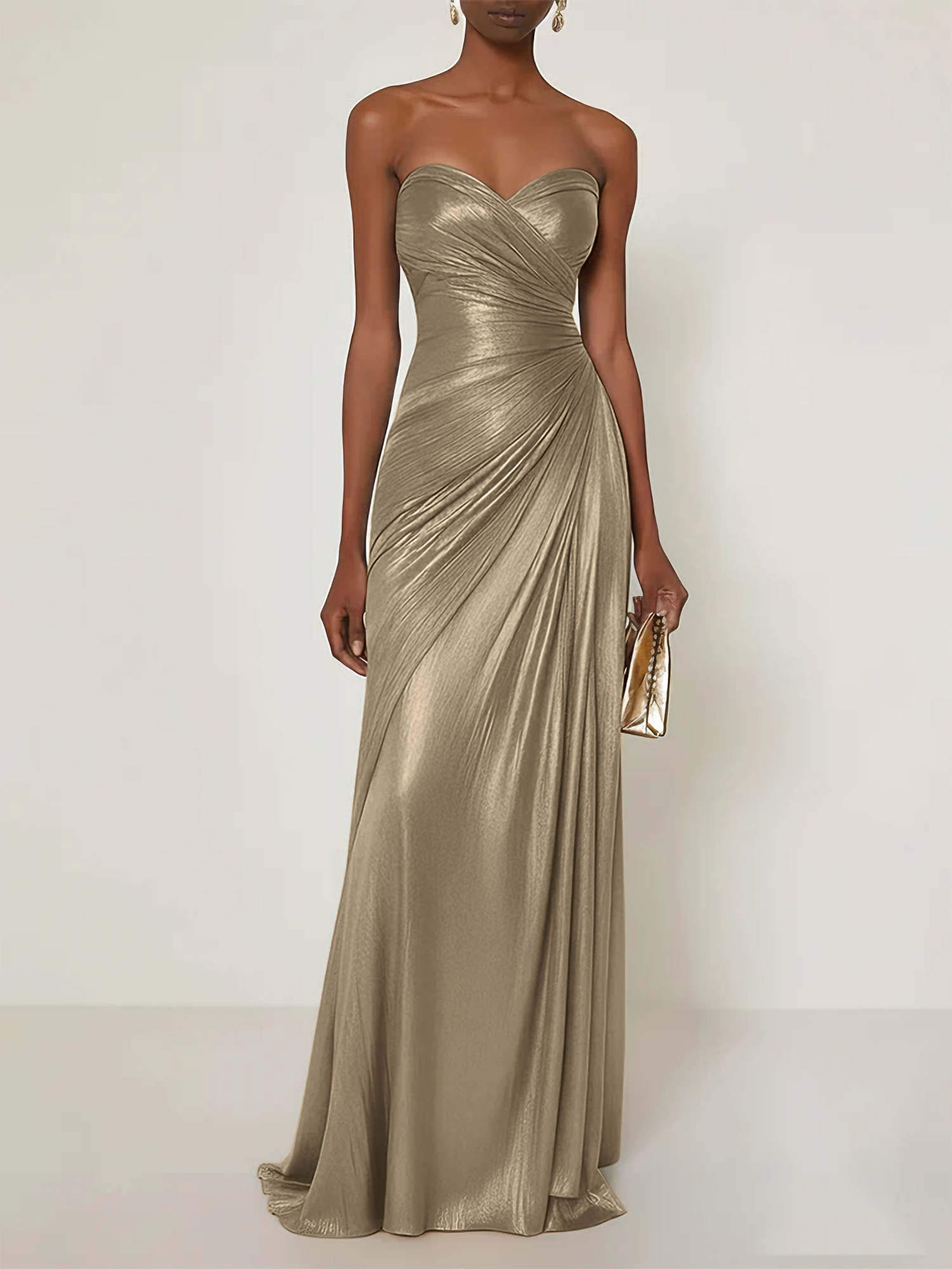 Evening Formal Dress V Neck Silk Ruffles Strapless Maxi Dress