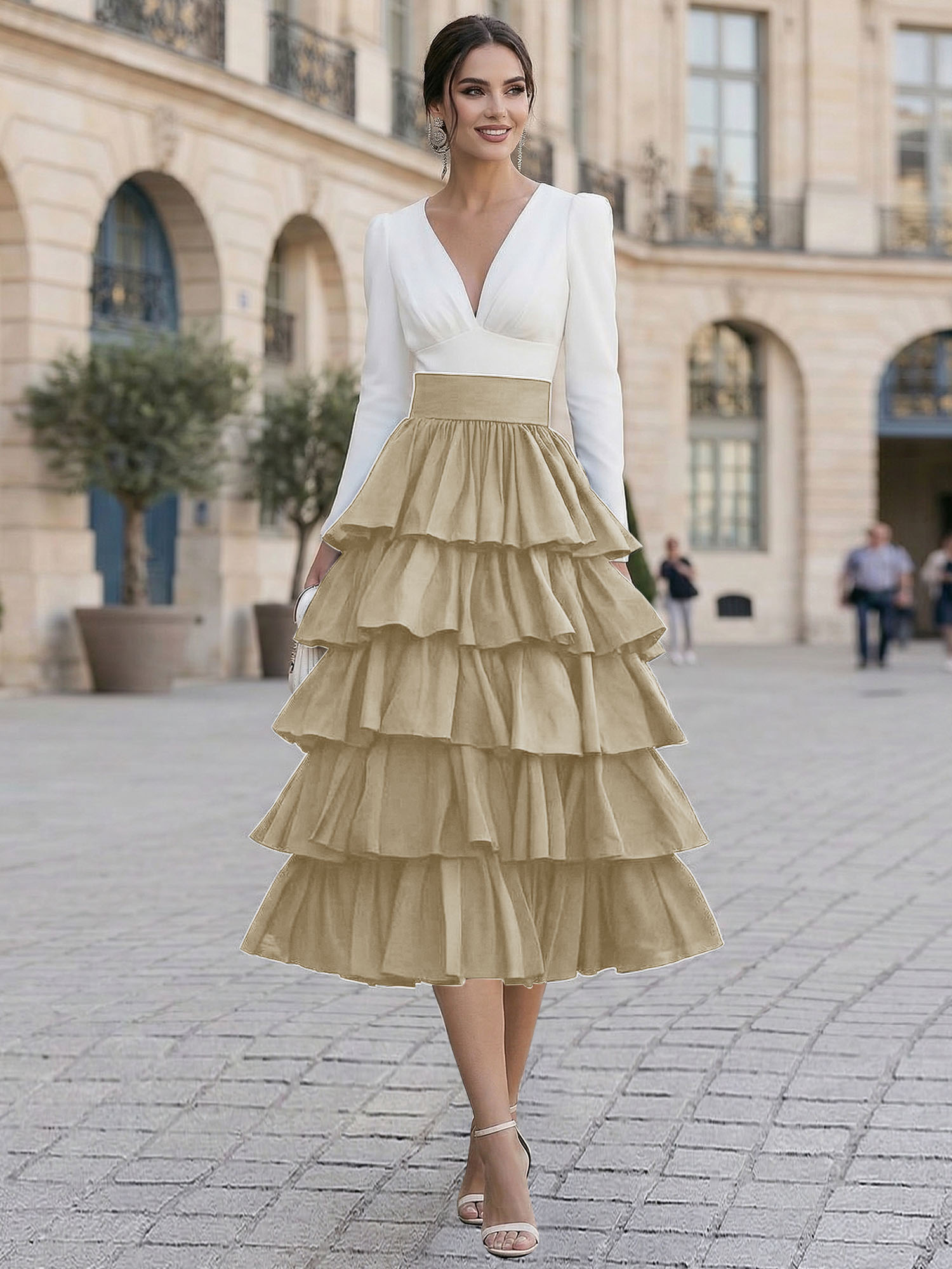 Elegant V-Neck Long Sleeve Tiered Ruffle Midi Dress with Contrast Waistband