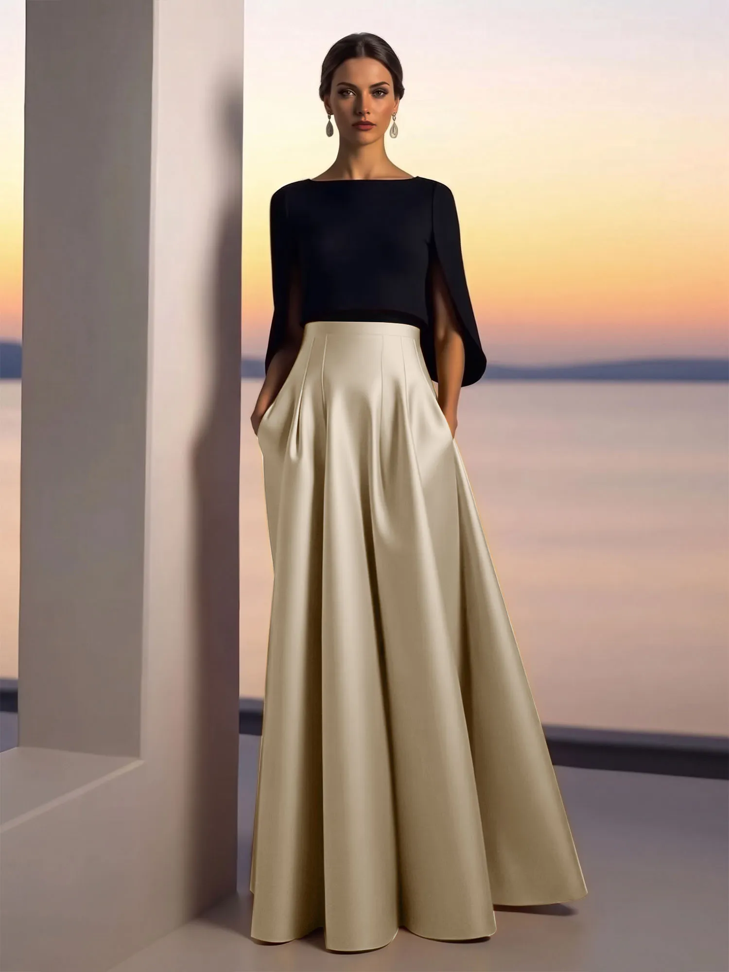 Two-Piece Cape Sleeve Satin Ball Gown Evening Dress