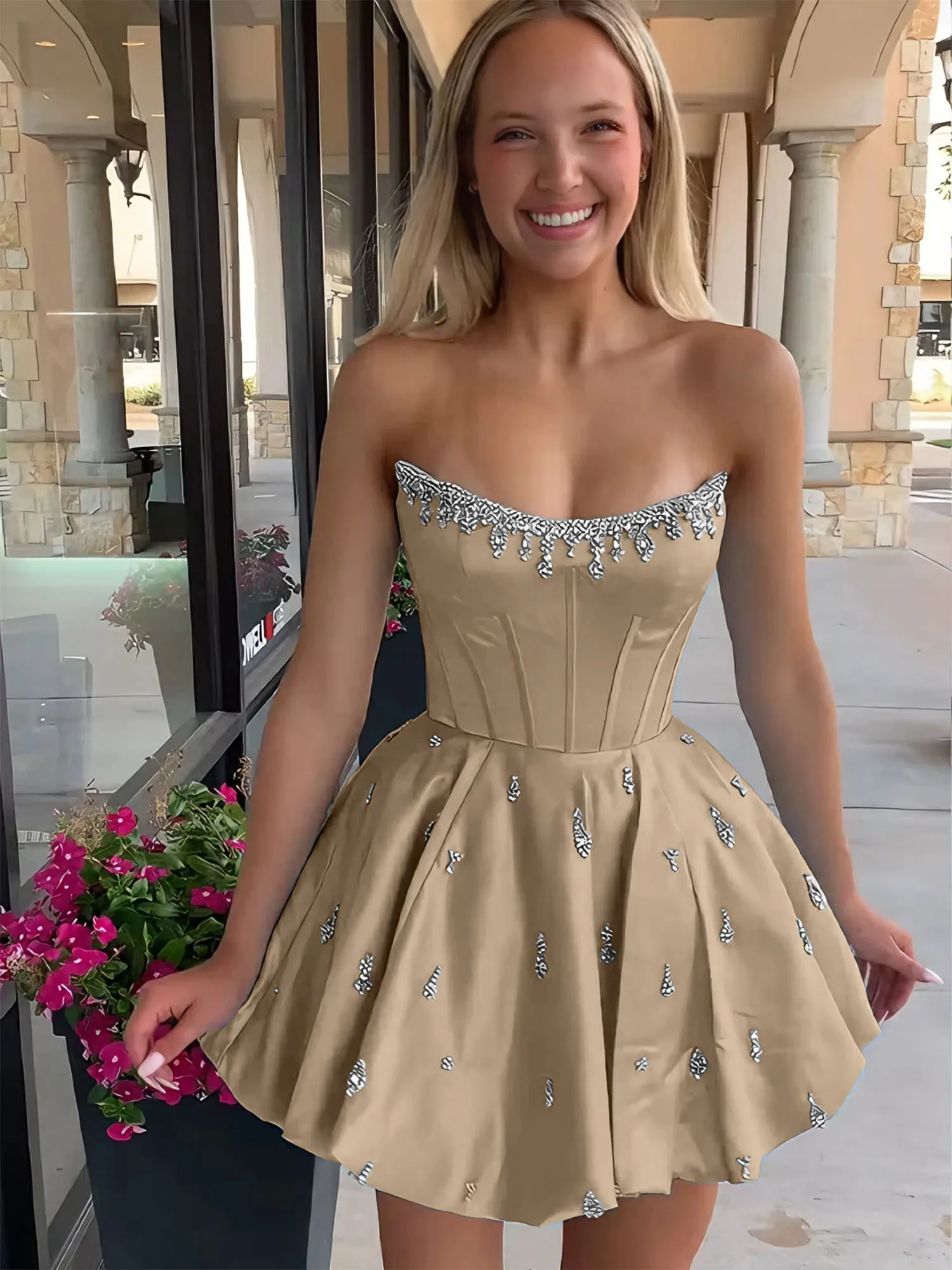 Strapless Beaded Corset Lace-Up Back Satin Homecoming Dress
