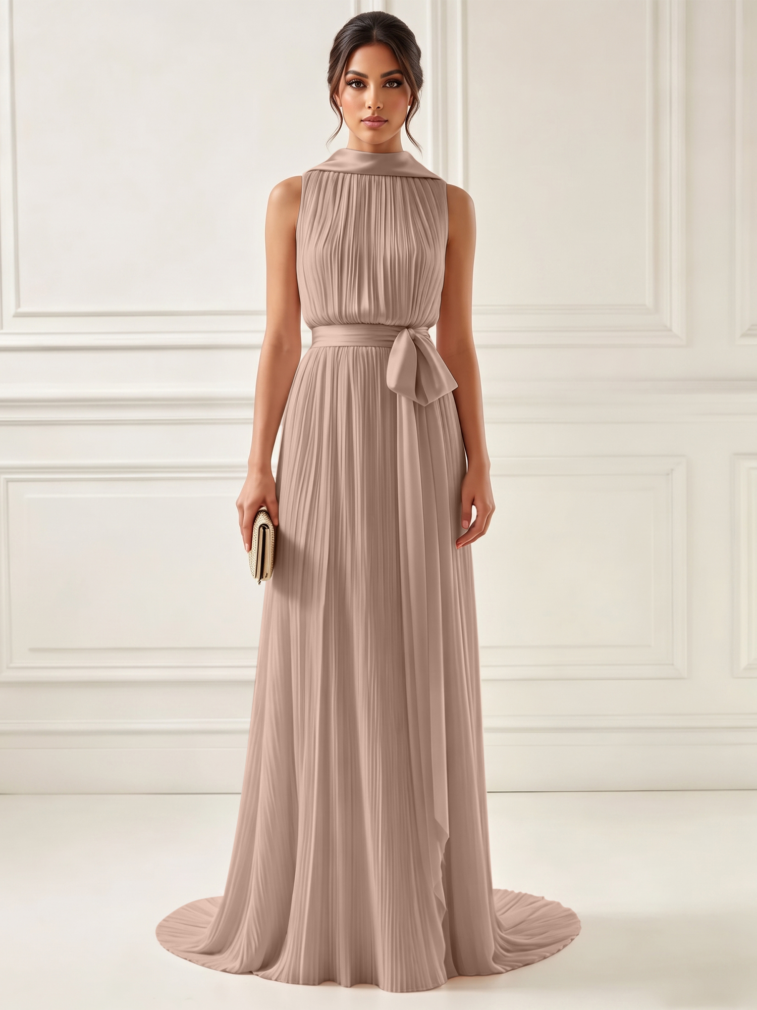 Ethereal Pleated Pastel Pink High Neck Maxi Formal Evening Dress with Satin Sash