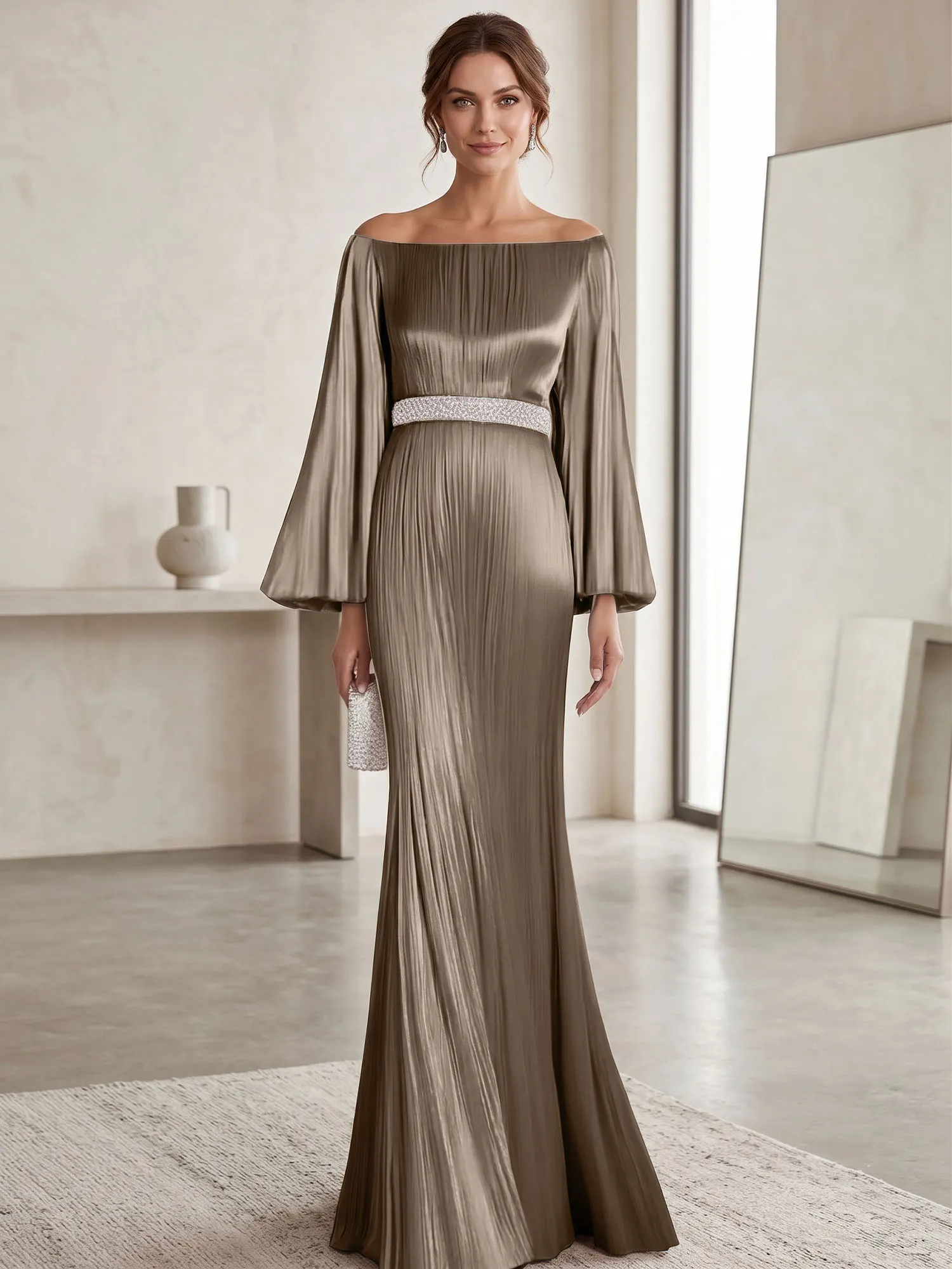 Off-the-Shoulder Pleated Satin Evening Gown with Beaded Waistband