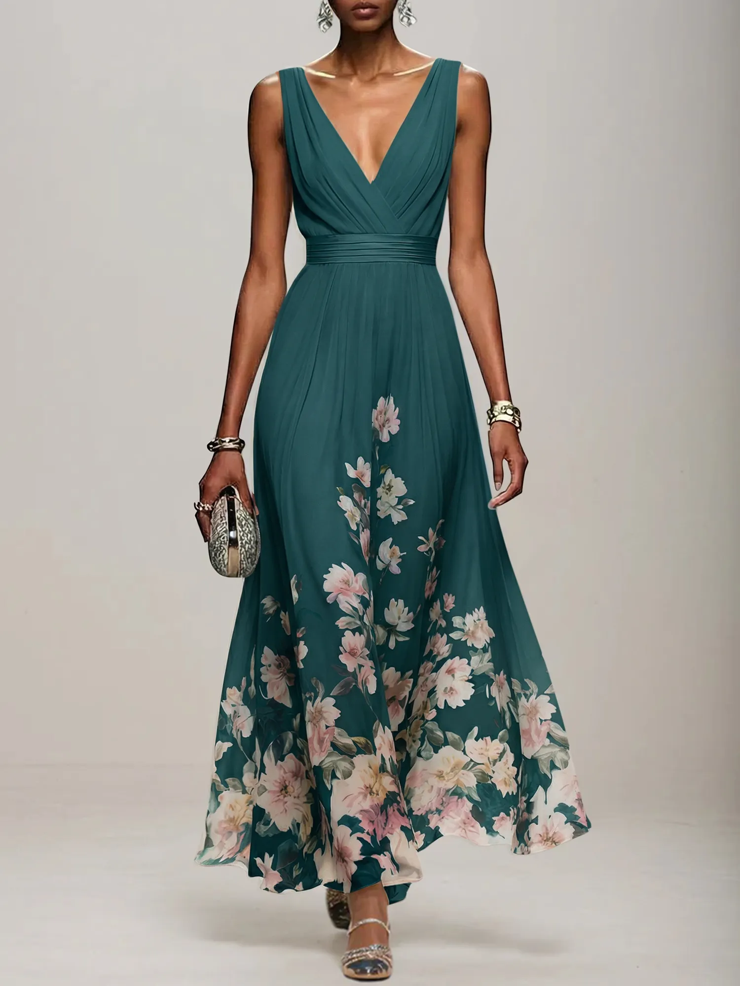 V-Neck Floral Print Chiffon Maxi Evening Dress with Satin Waist Bow