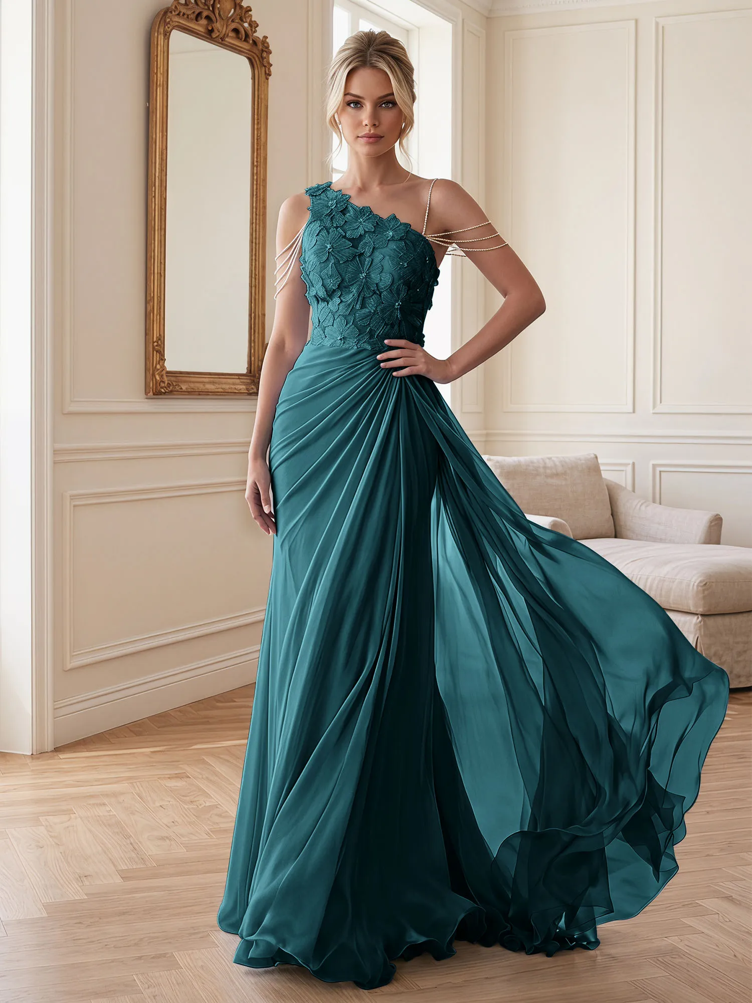 One-Shoulder Floral Lace Chiffon Evening Gown