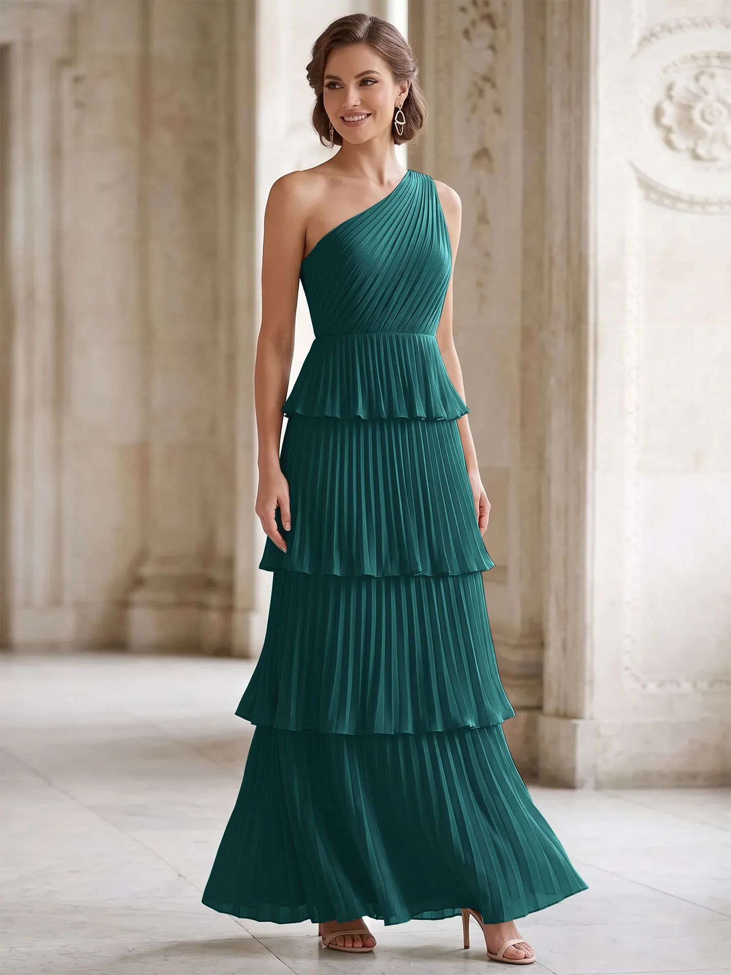 One-Shoulder Tiered Pleated Chiffon Evening Gown