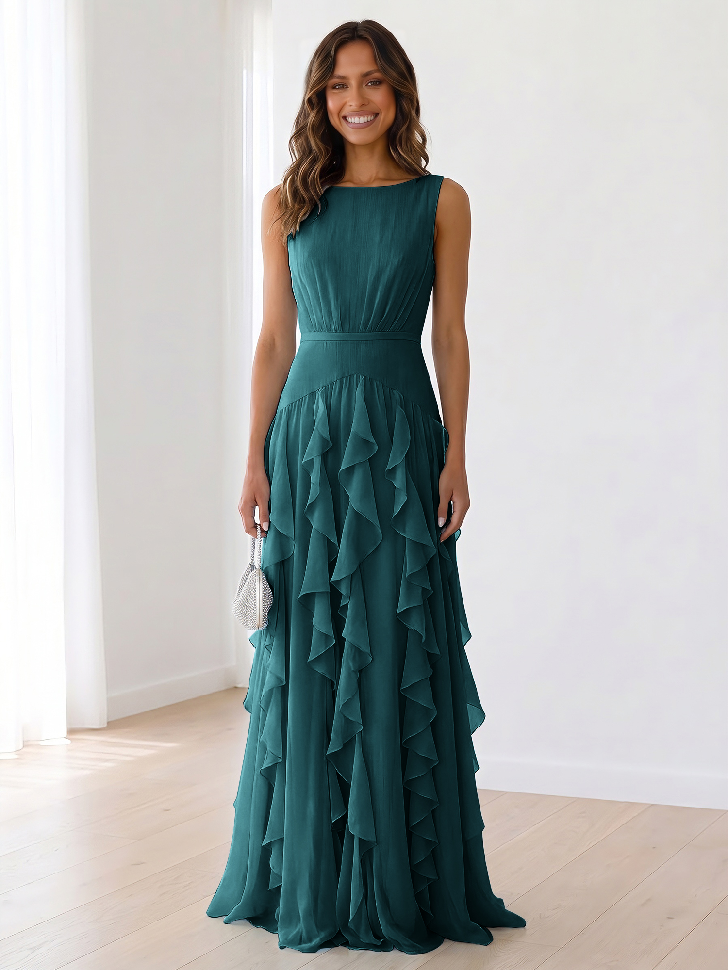 Ethereal Powder Blue Cascading Ruffle Maxi Formal Evening Dress