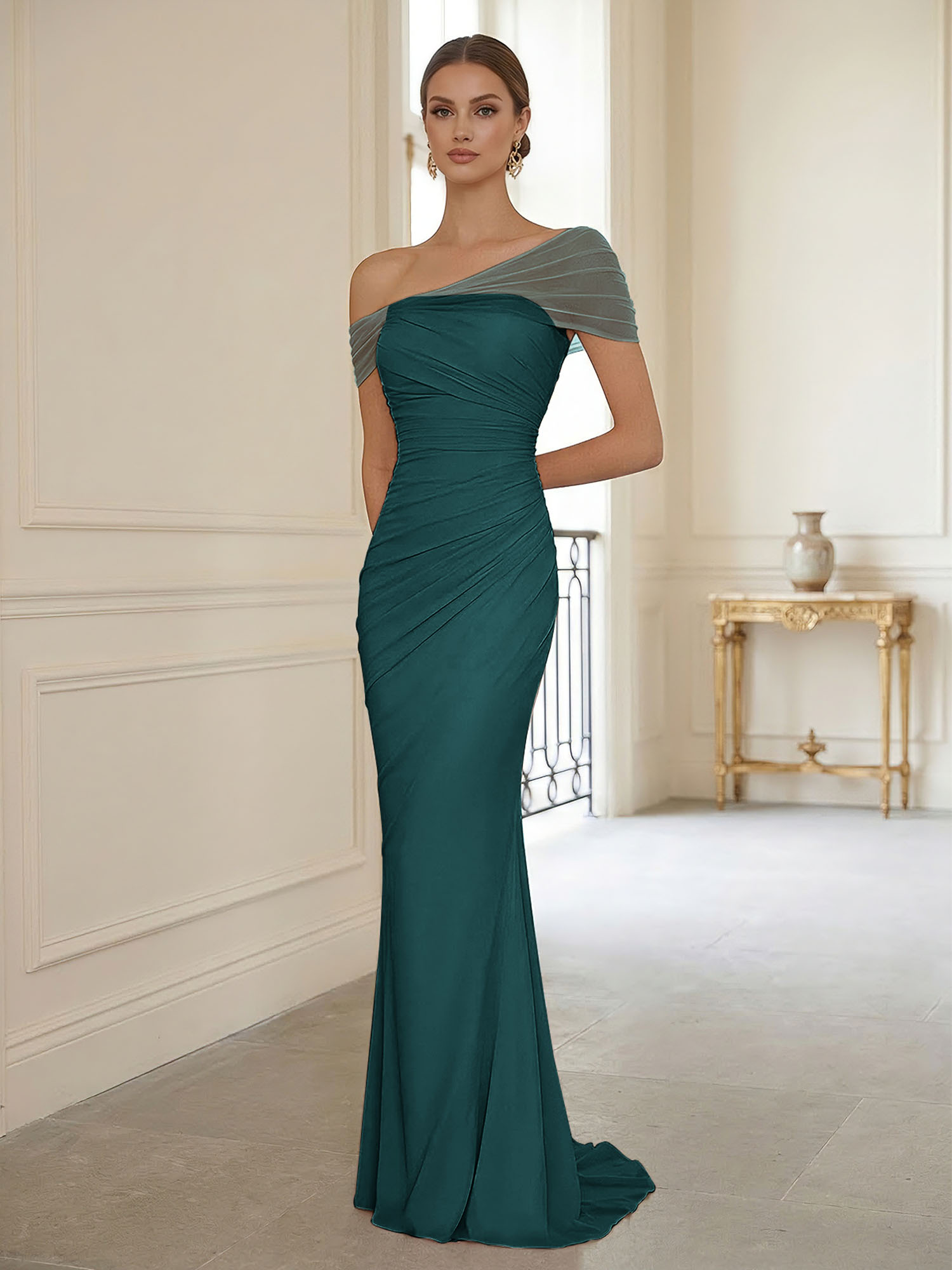 Sophisticated Blush Pink Asymmetrical Ruched Maxi Dress Evening Gown
