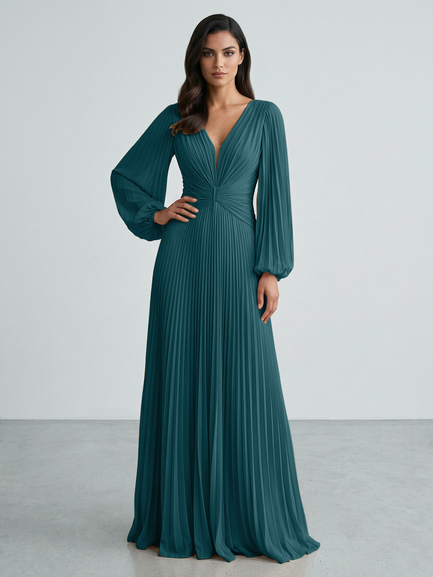 Slate Blue Plunging V-Neck Pleated Long Sleeve Maxi Dress Gown