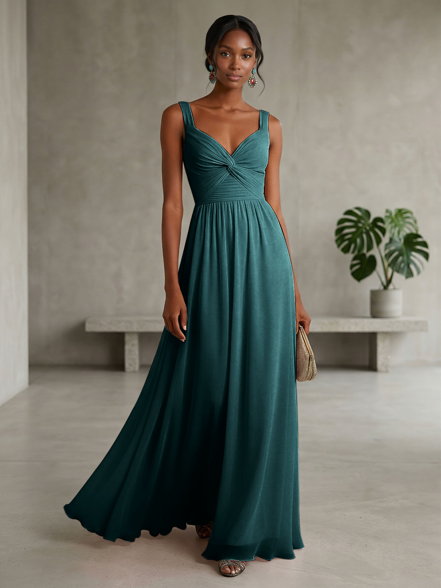 Elegant Soft Blush Twist-Front Chiffon Maxi Gown