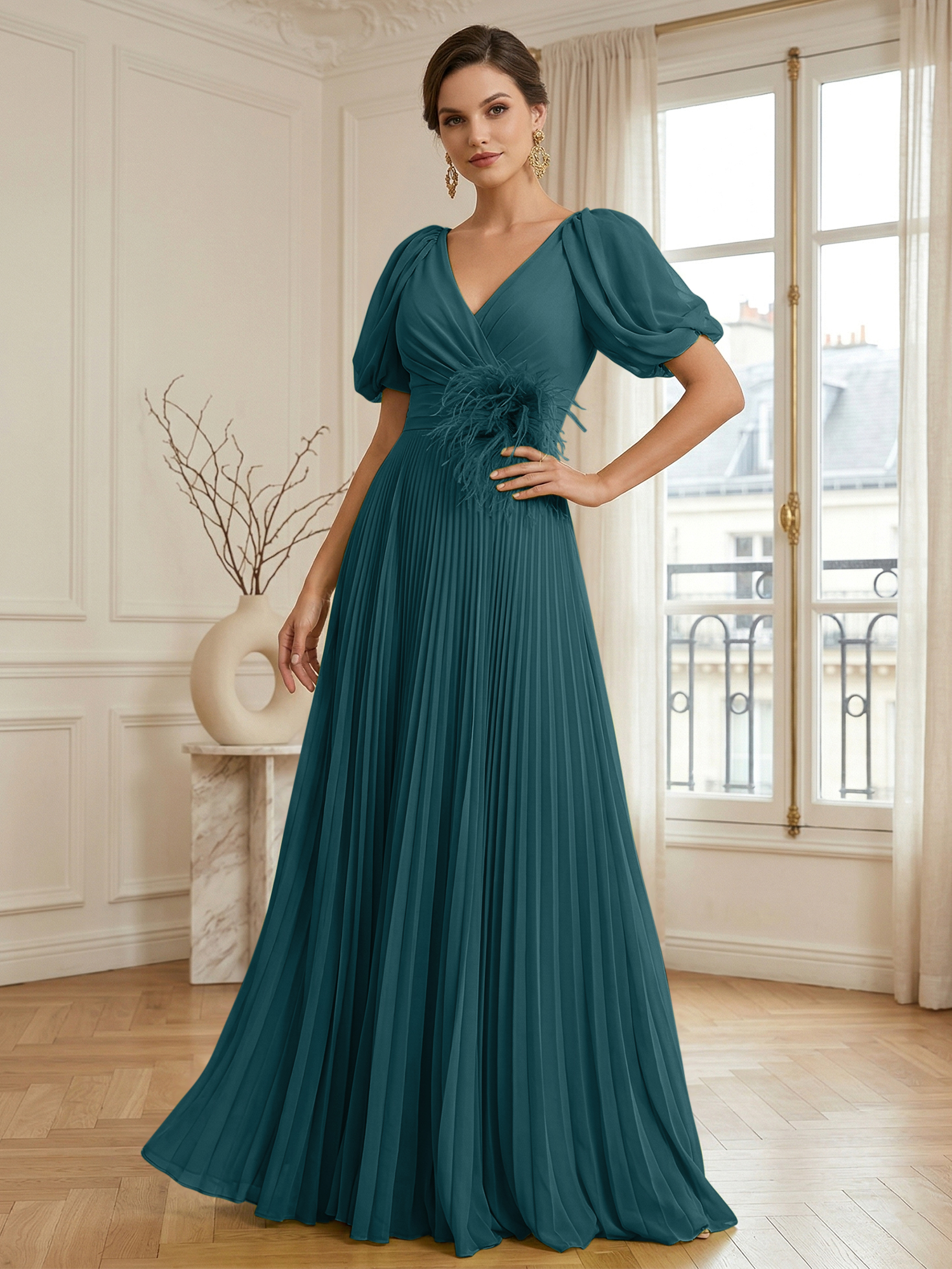 A-Line Chiffon Evening Gown with Feather V-Neck Short Sleeves Formal Dress