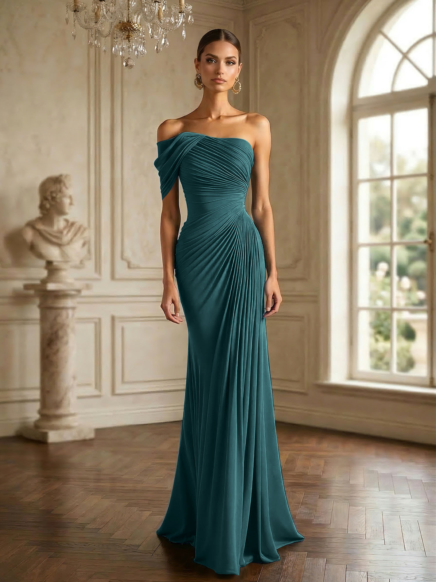 One Shoulder Pleat Mermaid Chiffon Evening Dresses for Women Gown