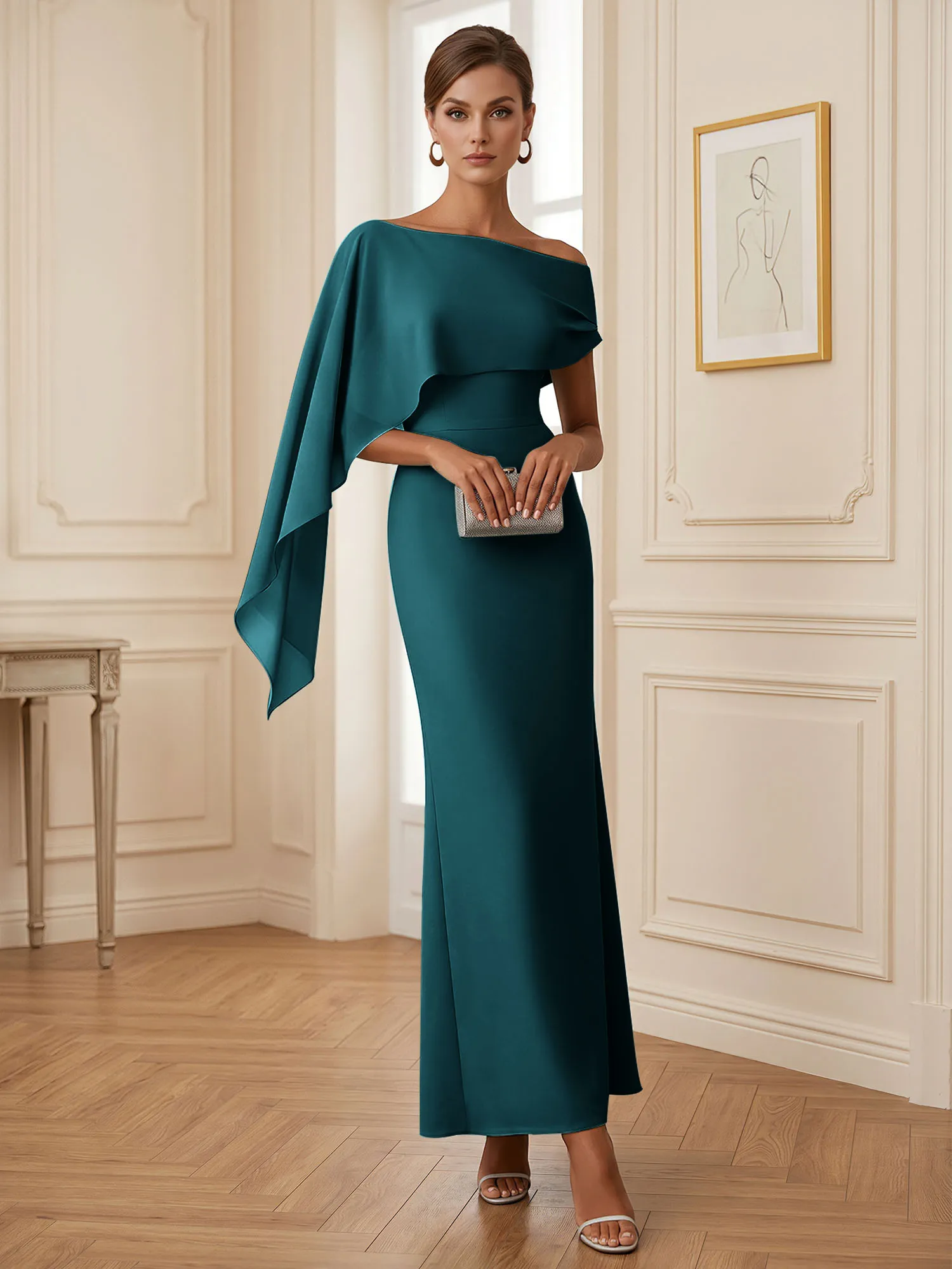 One-Shoulder Chiffon Overlay Mermaid Evening Gown