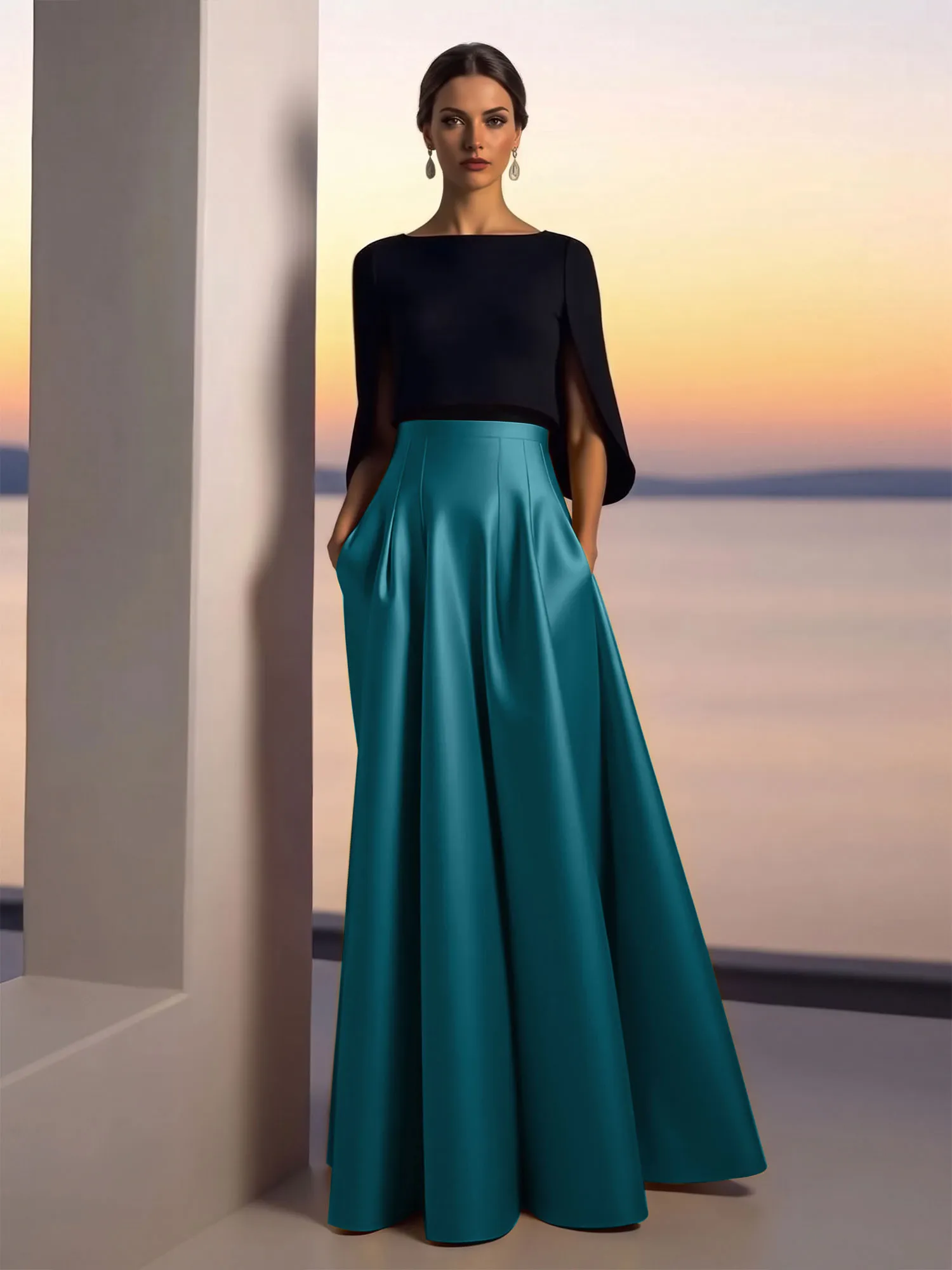 Two-Piece Cape Sleeve Satin Ball Gown Evening Dress
